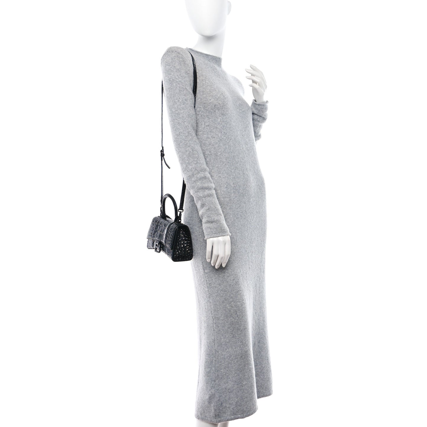 Shiny Calfskin Monochrome Crocodile Embossed Hourglass Top Handle Bag XS Black