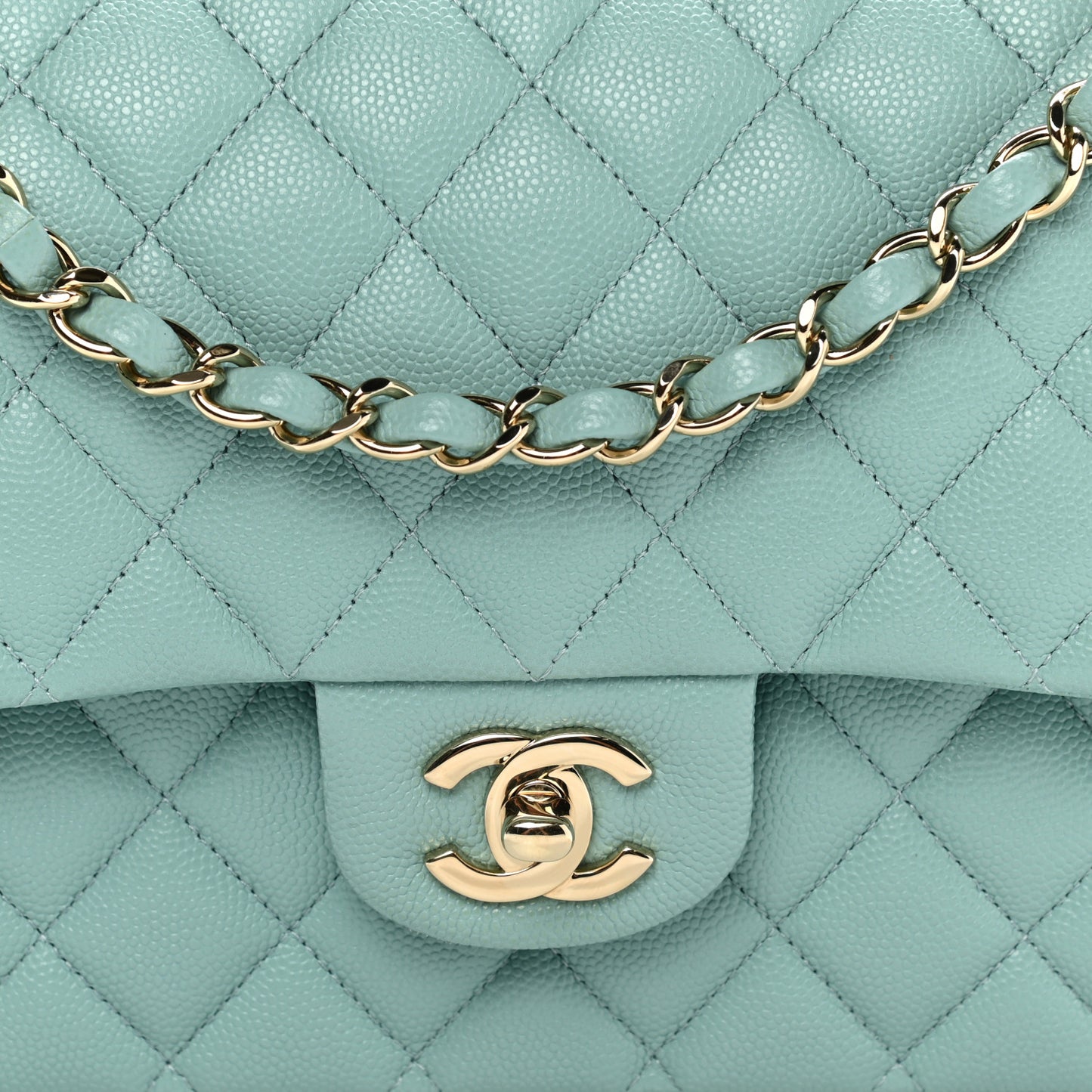 Caviar Quilted Medium Double Flap Light Blue