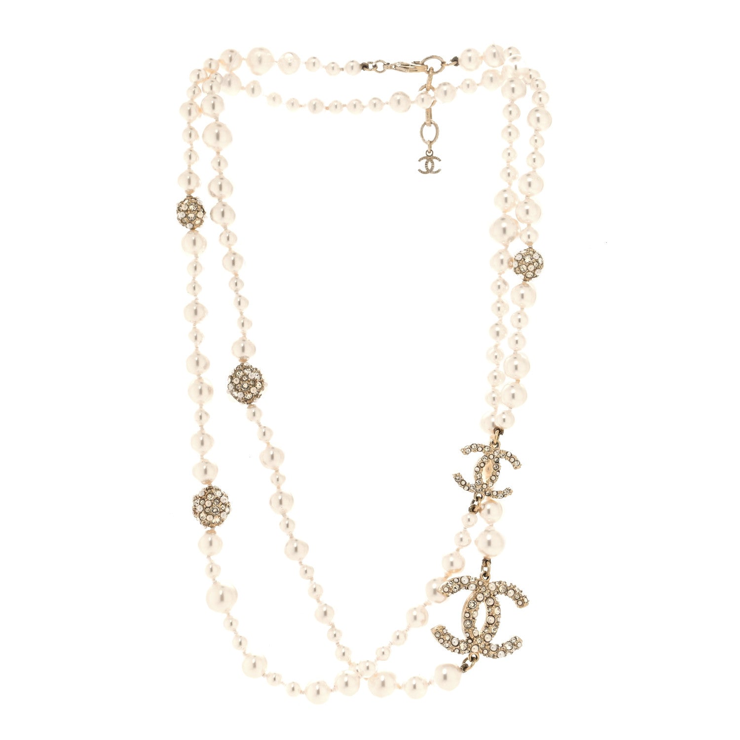 Chanel Pearl Crystal CC Cluster Long Necklace Golden Pearly White 3 of 5