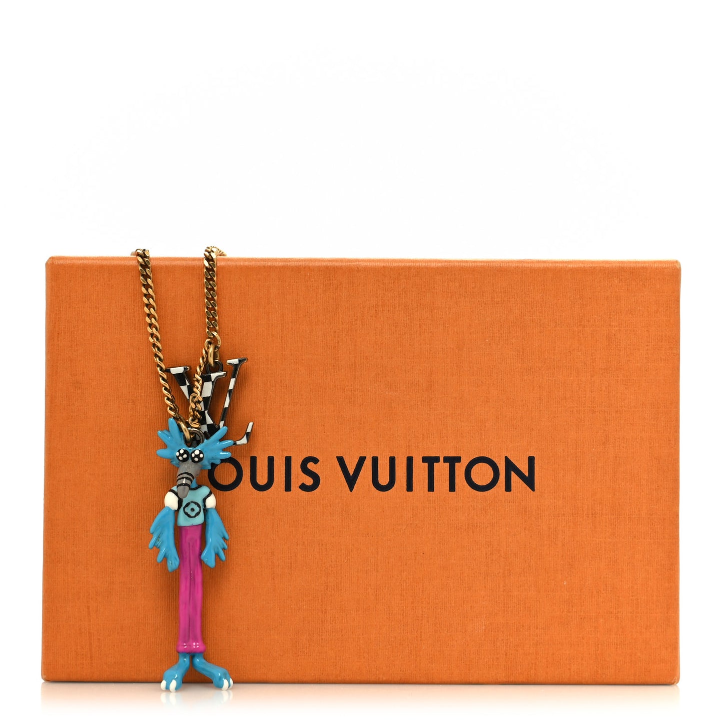 Lacquered Metal LV Friends Pendant Necklace Aged Gold Blue Pink