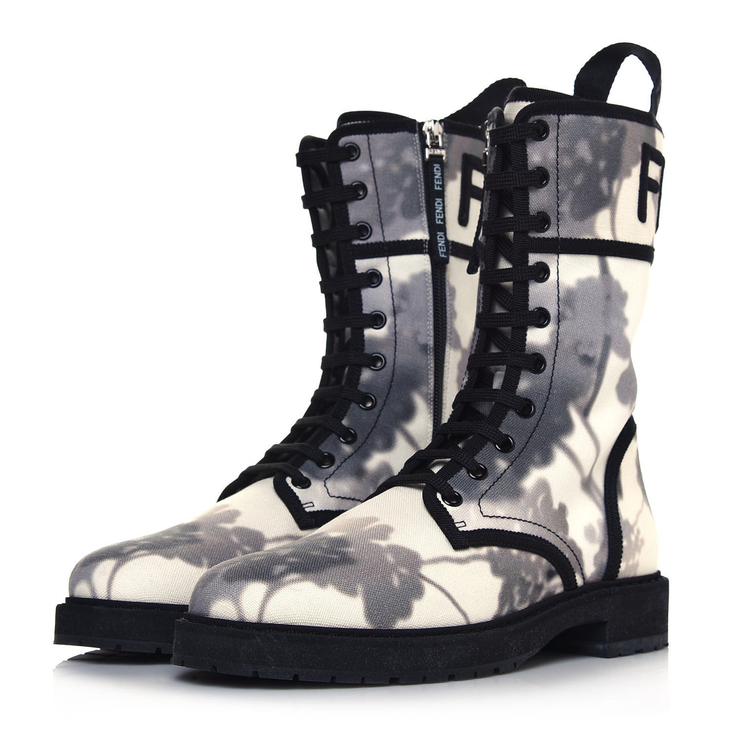 Canvas Floral Print Logo Bi-Color Womens Biker Boots 39 White Black
