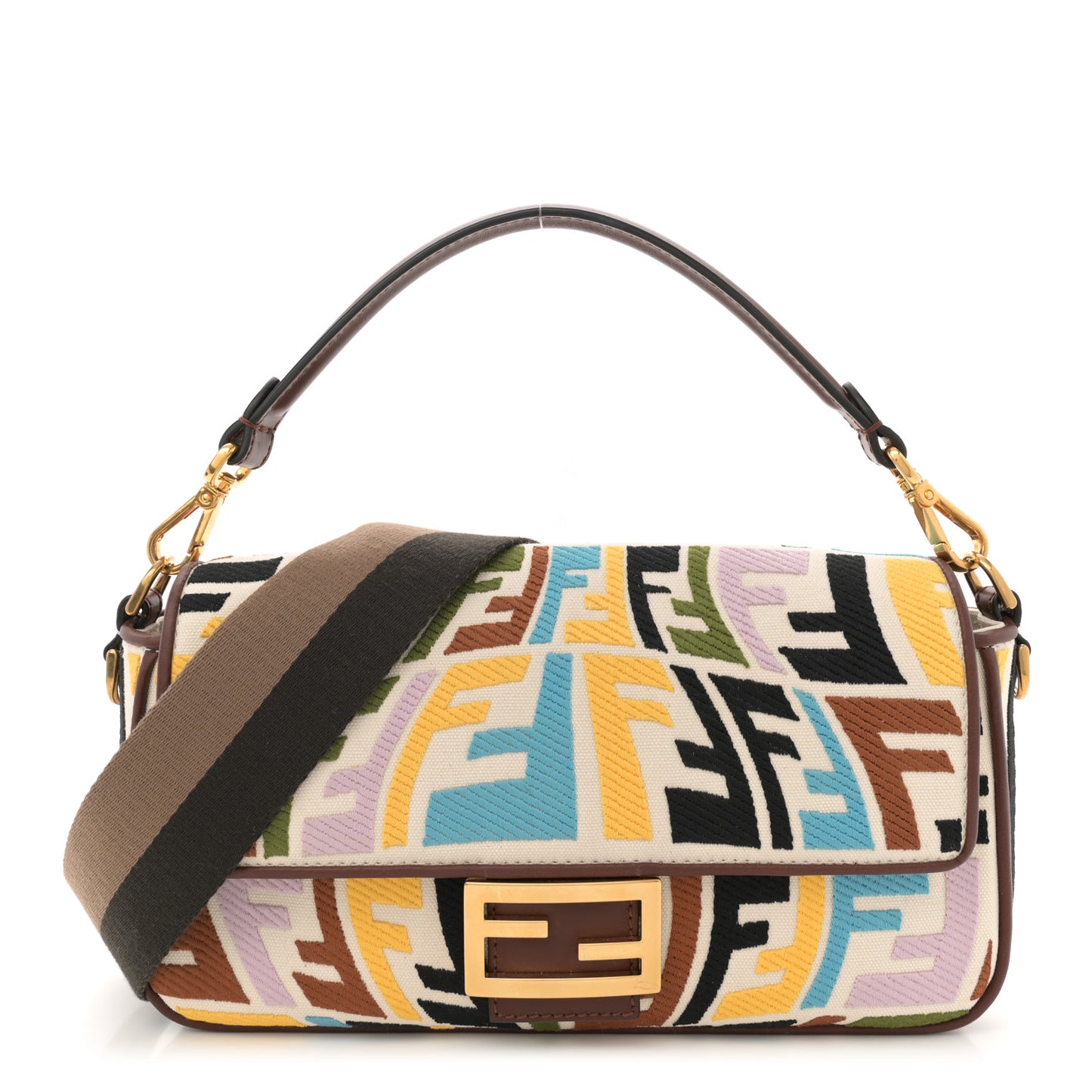 X SARA COLEMAN Canvas Vitello King Seta FF Fish Eye Embroidered Baguette Grezzo Multicolor Ghianda