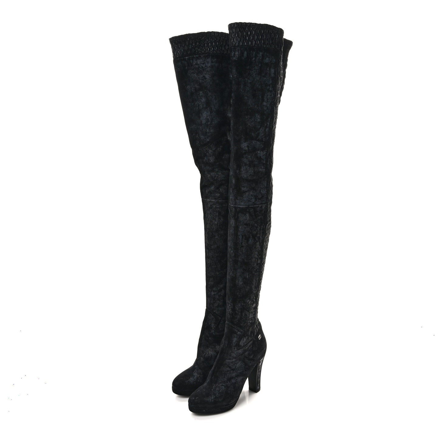 Lambskin Suede Ruched High Boots 38 Black