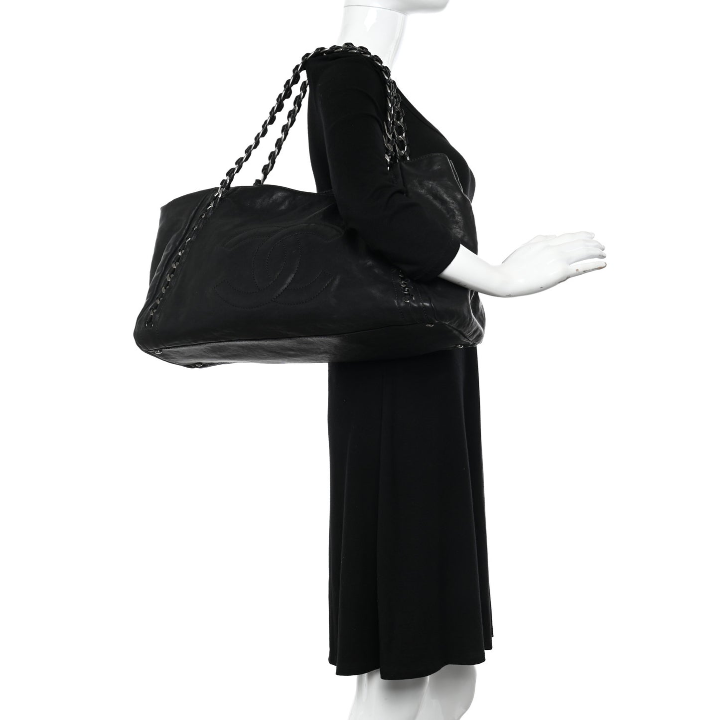 Glazed Calfskin East West Modern Chain Tote Black