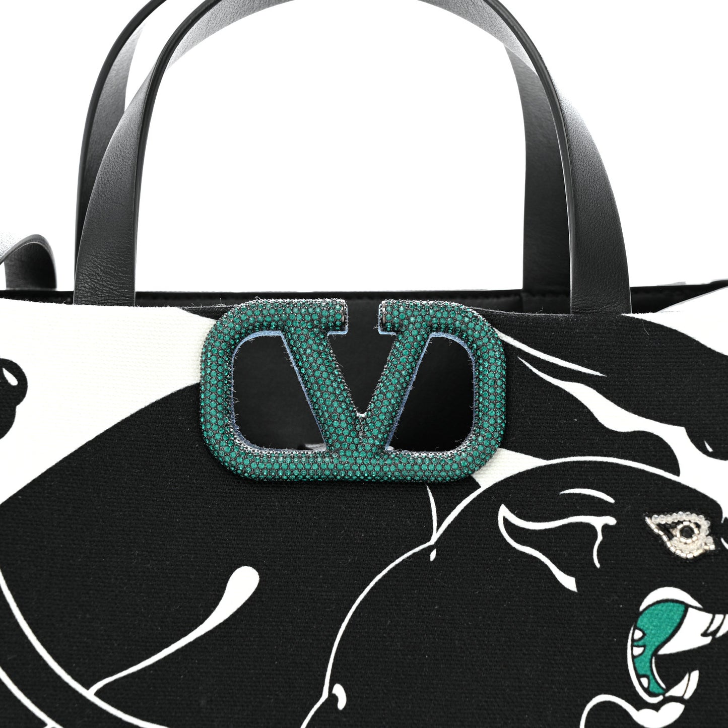 Canvas Panther Calfskin Crystal Small Vlogo Signature Tote Black White