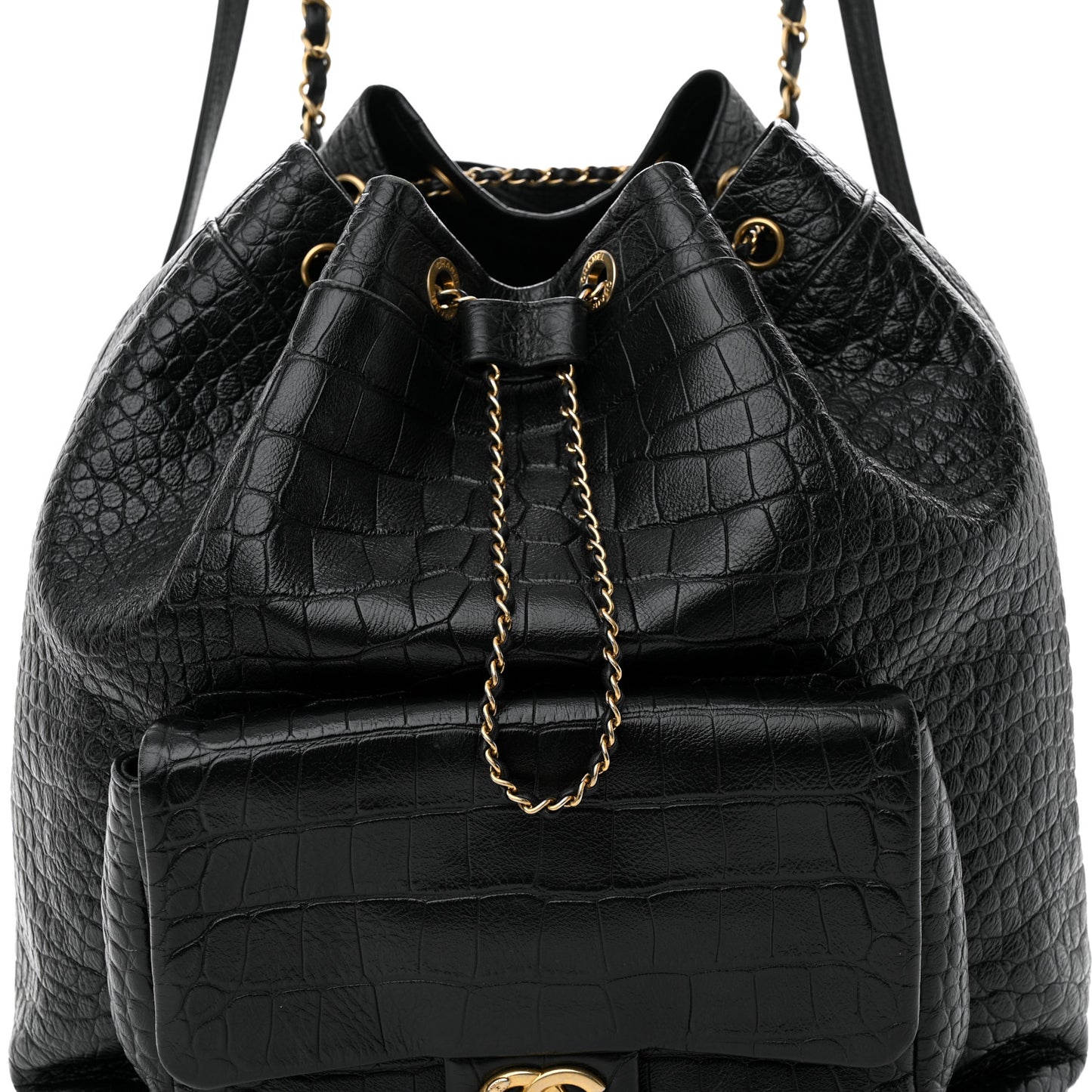 Calfskin Crocodile Embossed Large Backpack Black