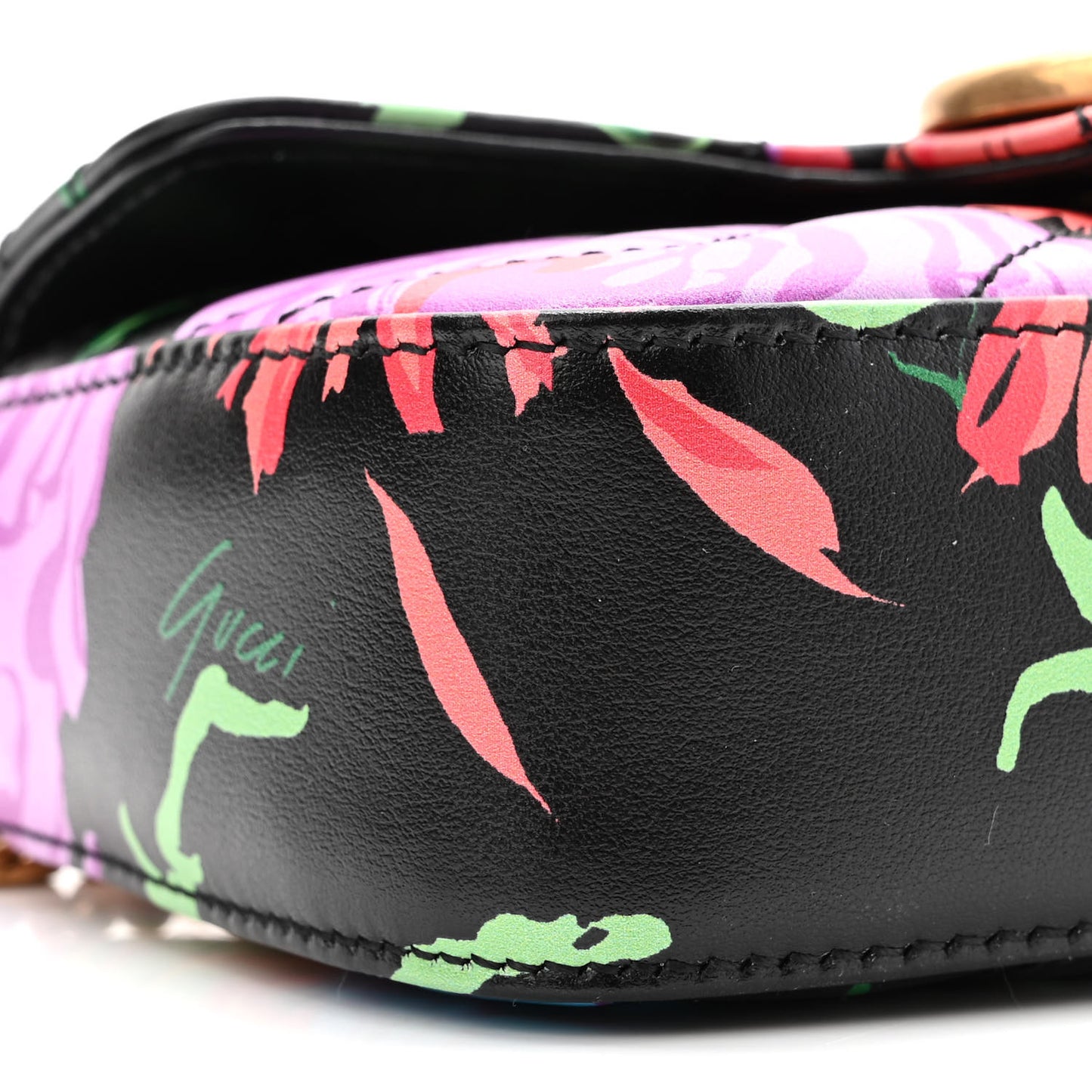 X KEN SCOTT Calfskin Matelasse Floral Print Super Mini GG Marmont Shoulder Bag Black