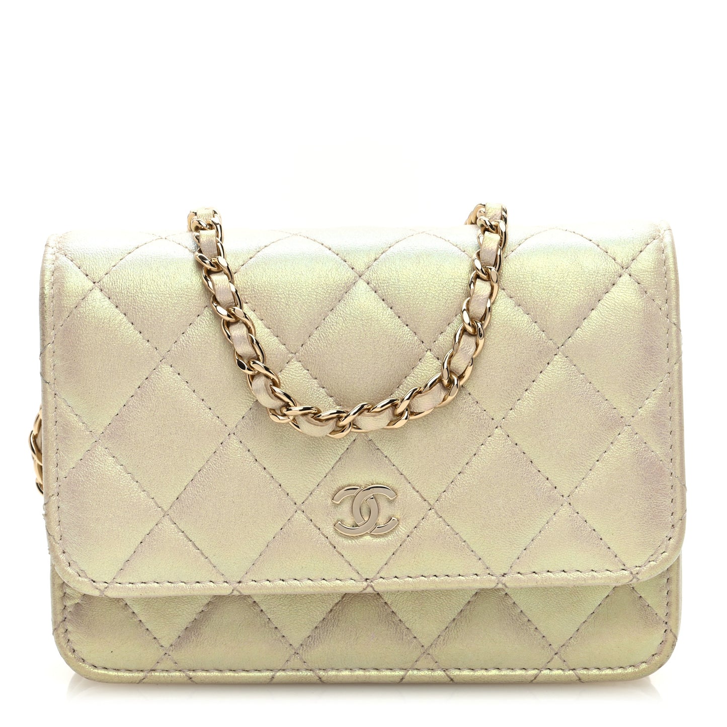 Iridescent Lambskin Quilted Mini Wallet On Chain WOC Ivory