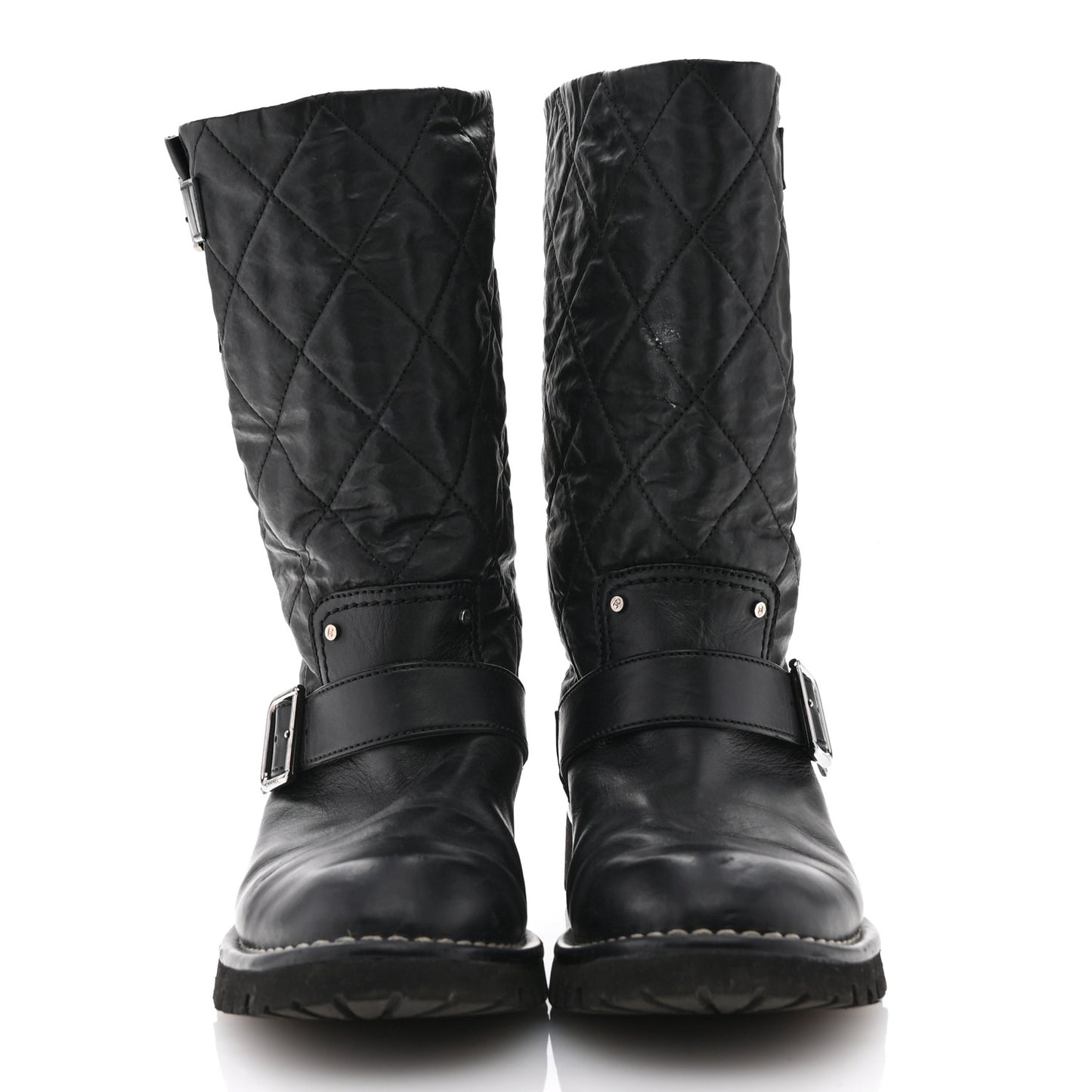Calfskin Quilted Buckle Biker Boots 36 Black