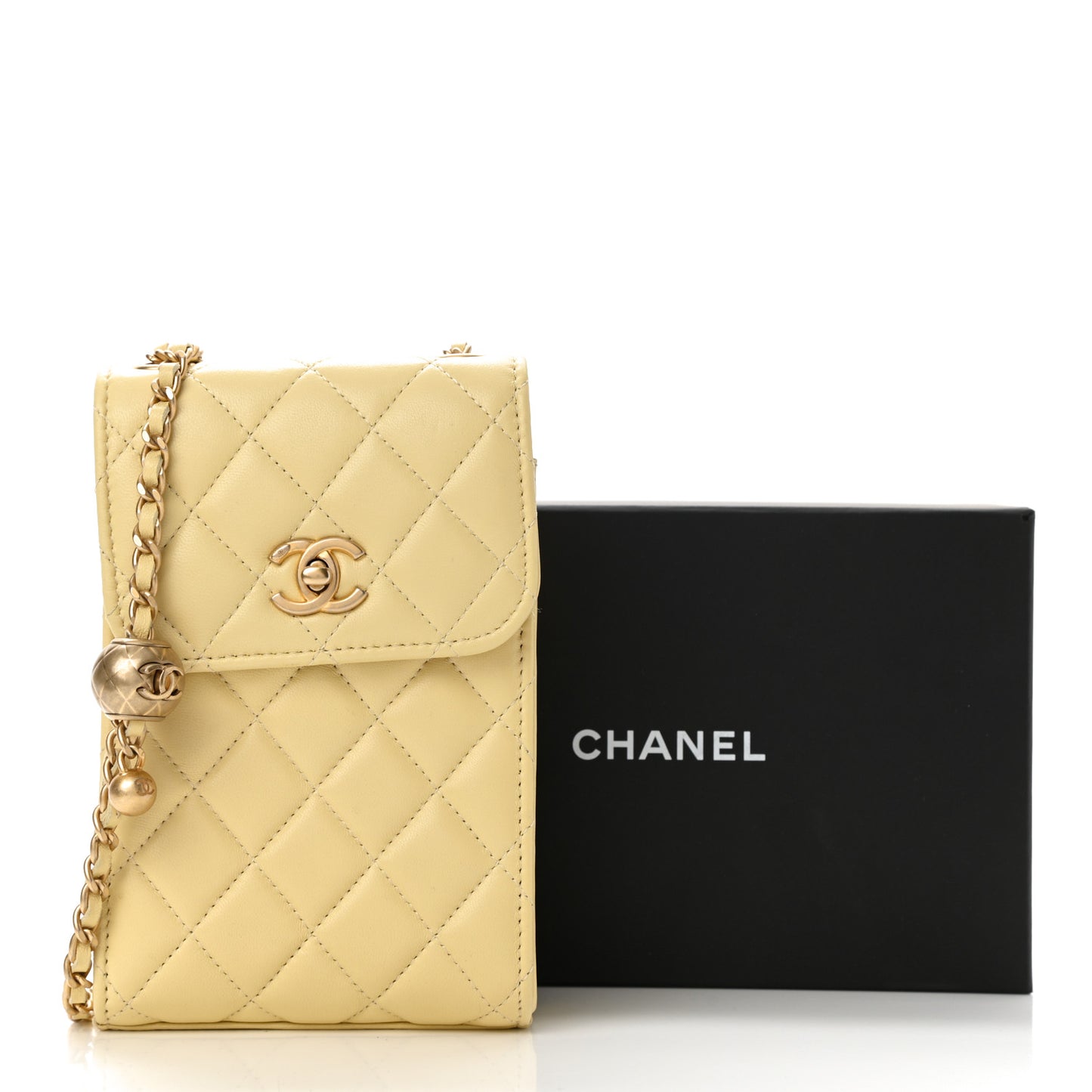 Lambskin Quilted Pearl Crush Phone Holder With Chain Yellow