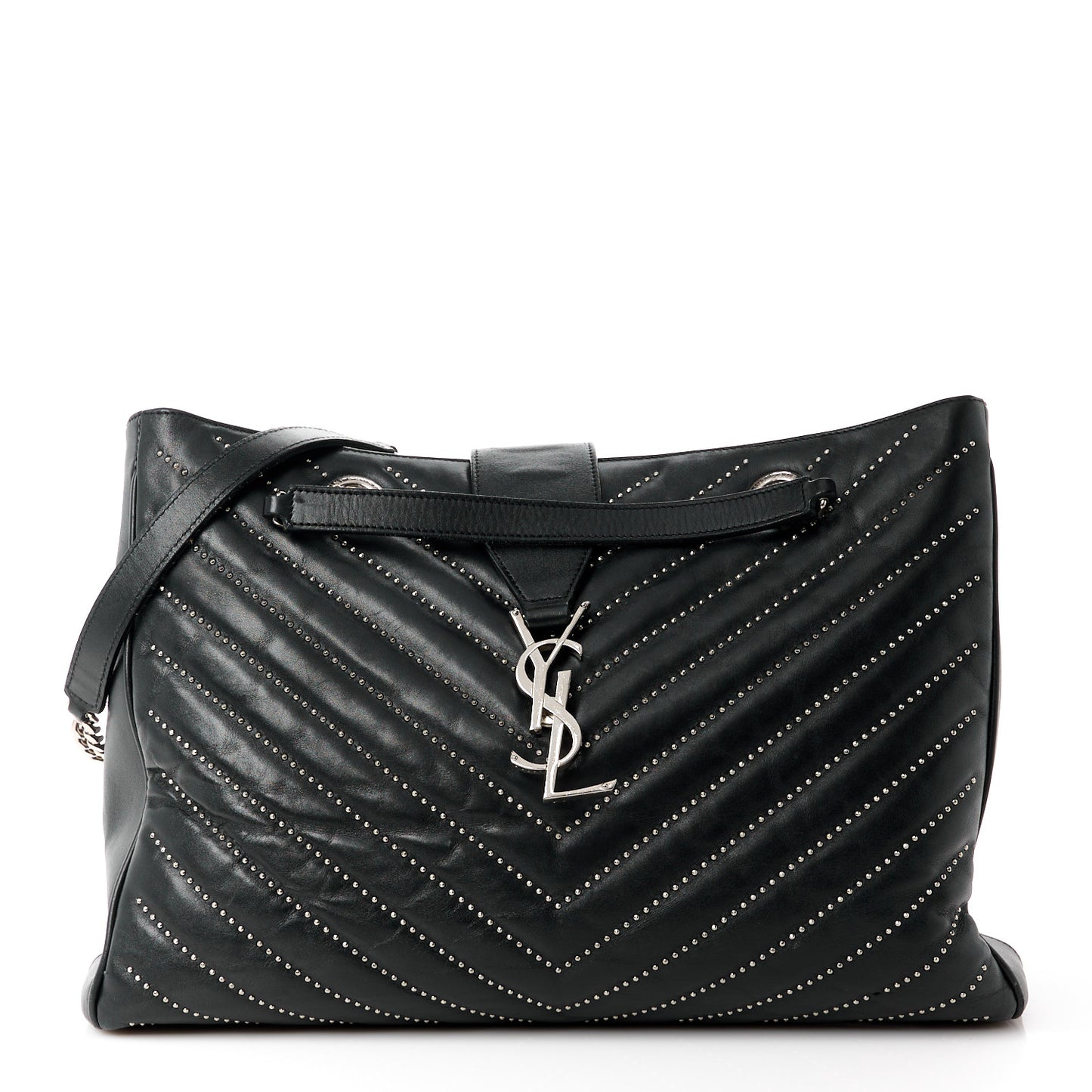 Lambskin Matelasse Studded Chevron Monogram Shopping Bag Black