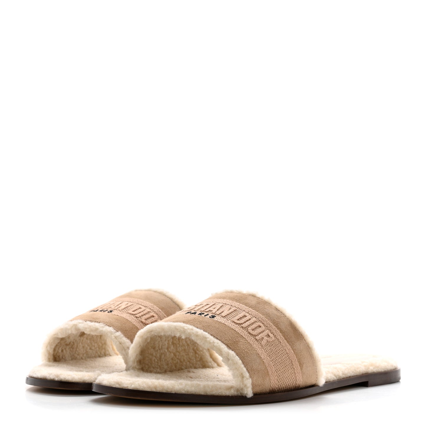 Suede Goatskin Shearling Embroidered Dway Slide Sandals 40.5 Cookie