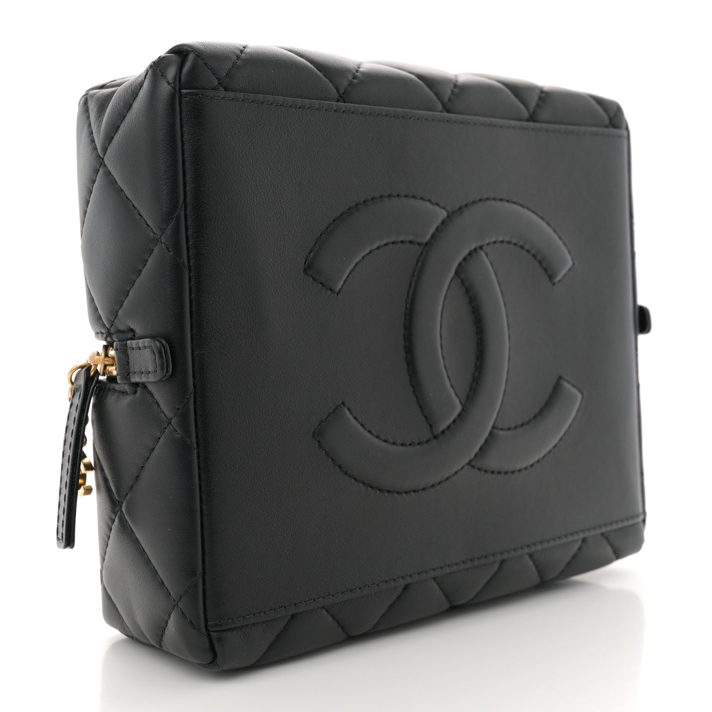Calfskin Quilted Square Top Handle Vanity Case Black