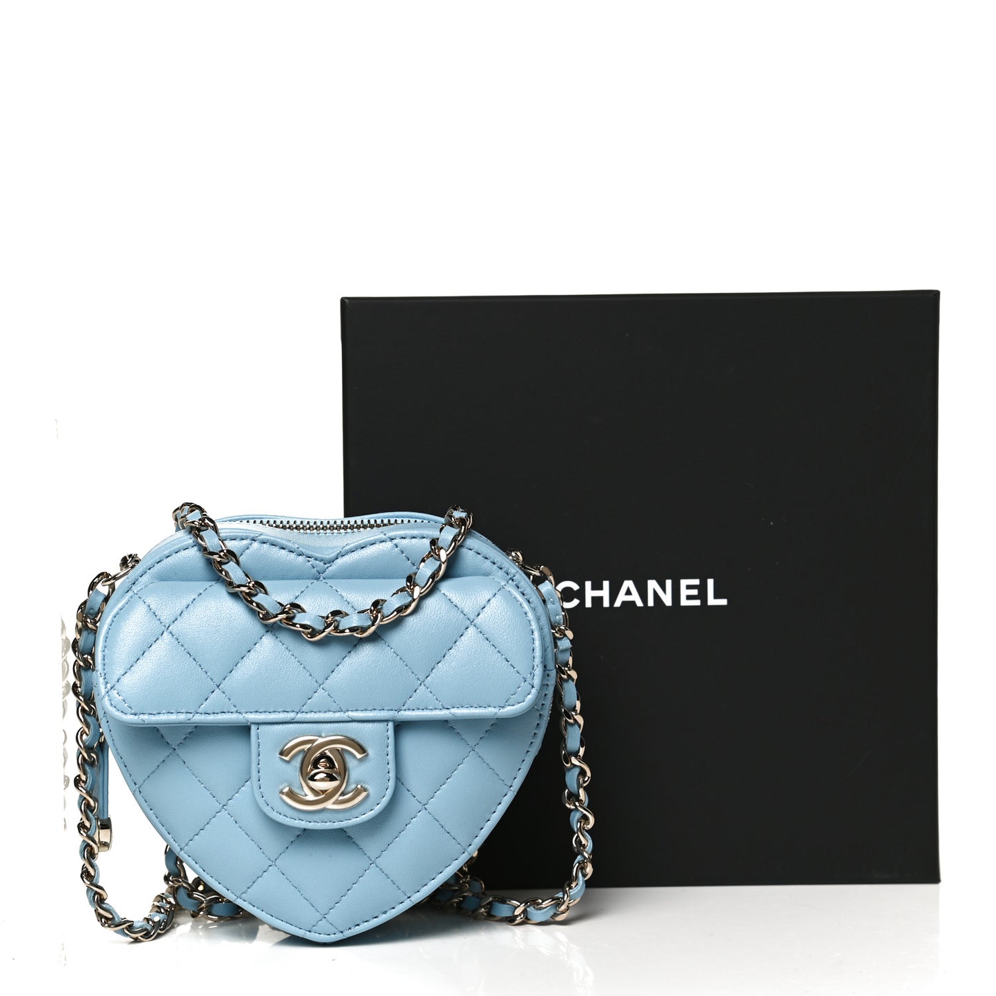 Lambskin Quilted CC In Love Heart Clutch With Chain Light Blue