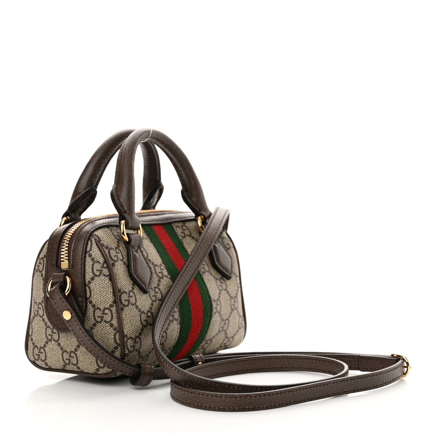 Gucci GG Supreme Monogram Textured Dollar Calfskin Web Super Mini Ophidia Top Handle Bowler Bag Beige Ebony New Acero 3 of 12