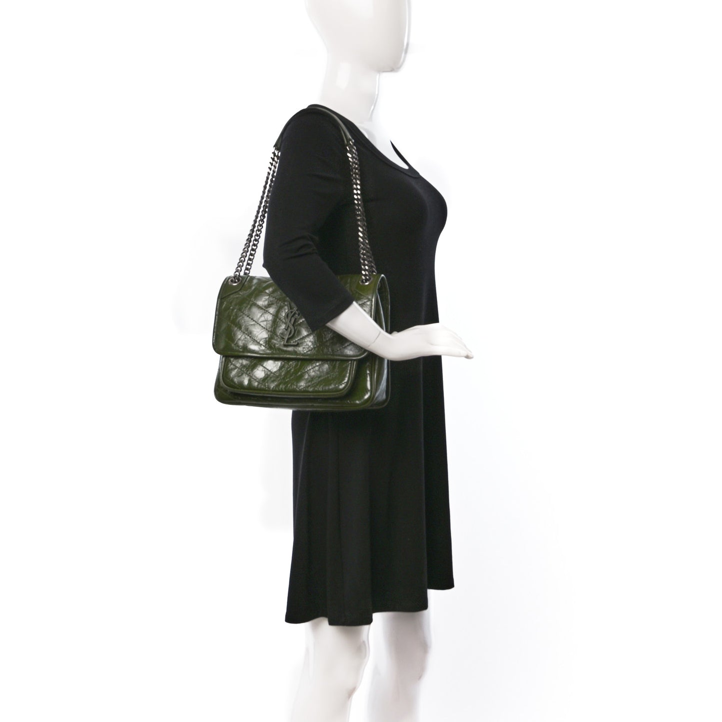 Crinkled Calfskin Matelasse Monogram Medium Niki Chain Satchel Dark Pine