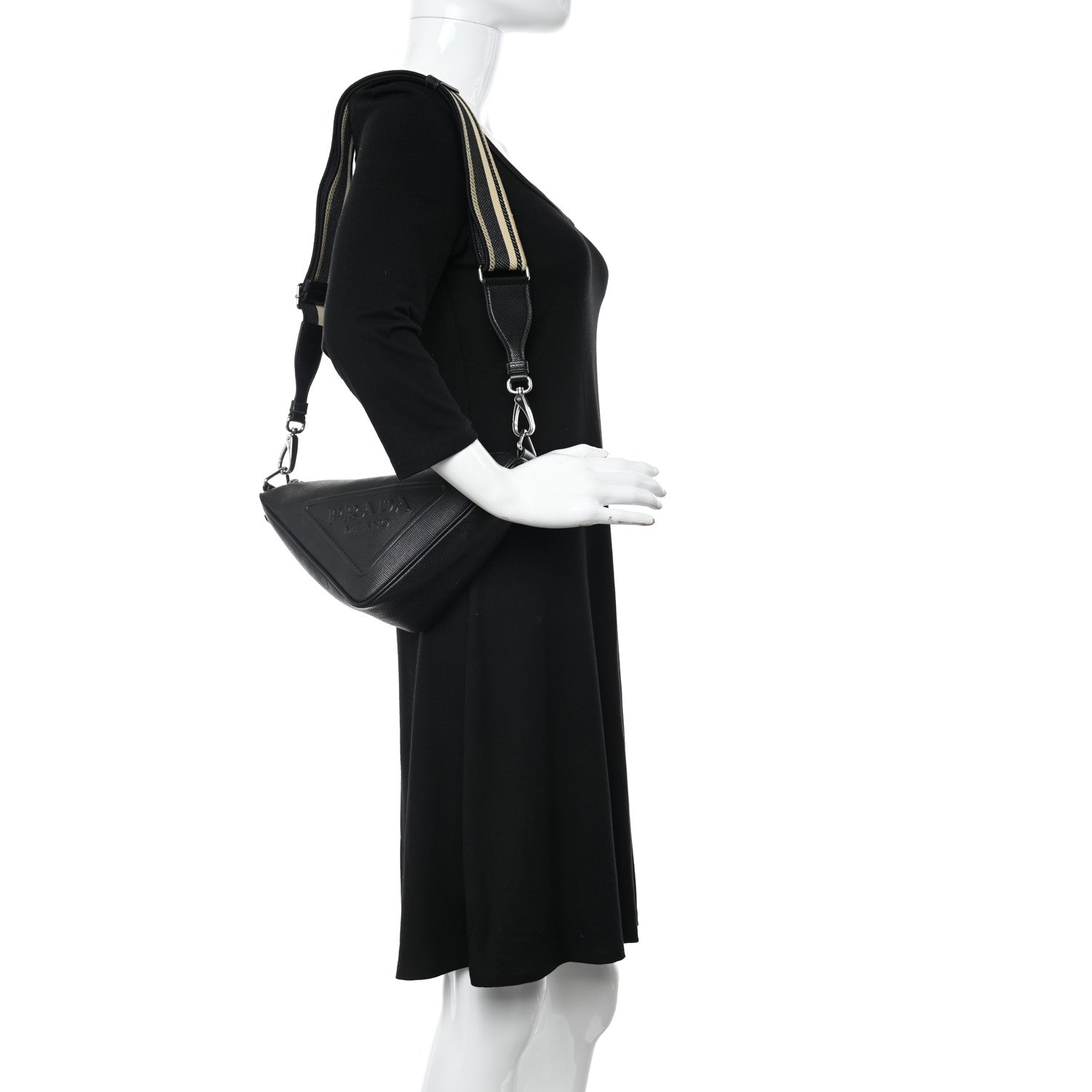 Prada Saffiano Cuir Triangle Logo Embossed Triangle Shoulder Bag Black 2 of 13