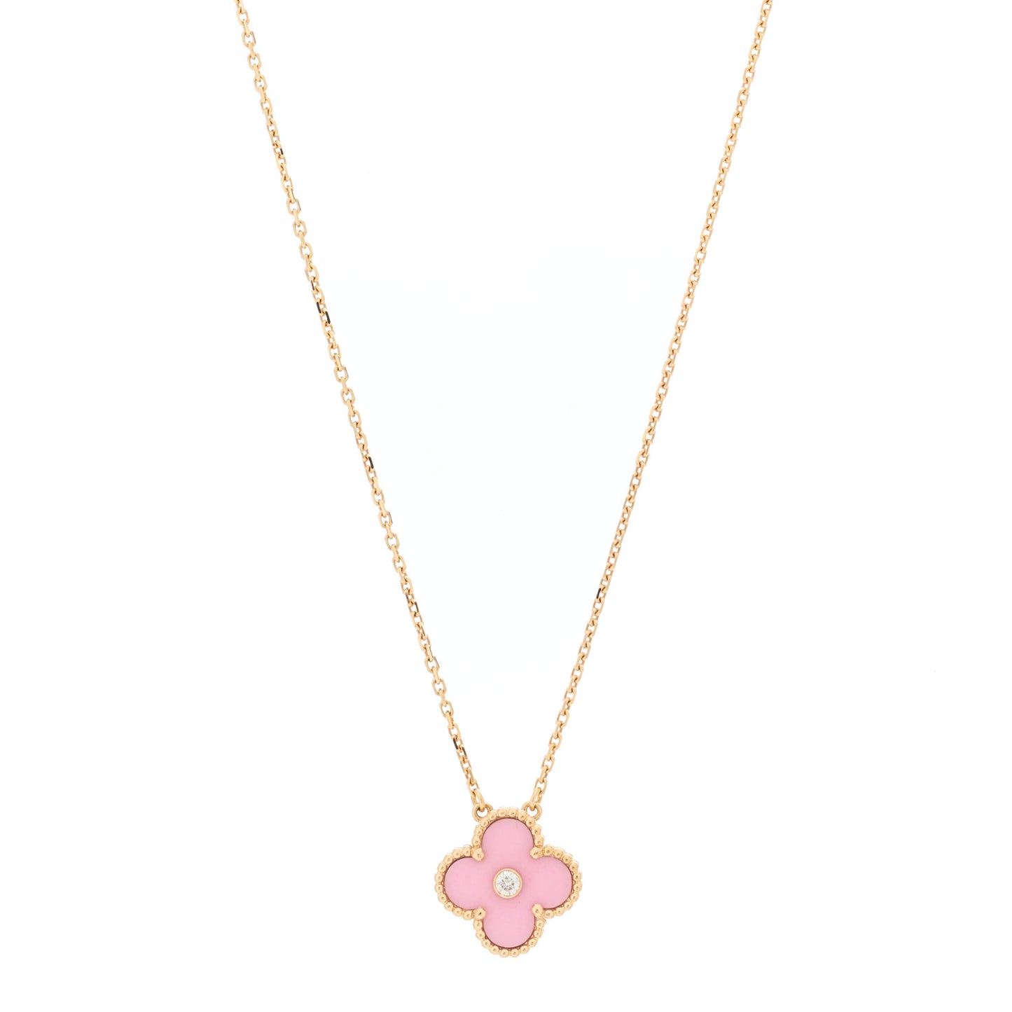 18K Rose Gold Diamond Pink Porcelain Vintage Alhambra Pendant Necklace