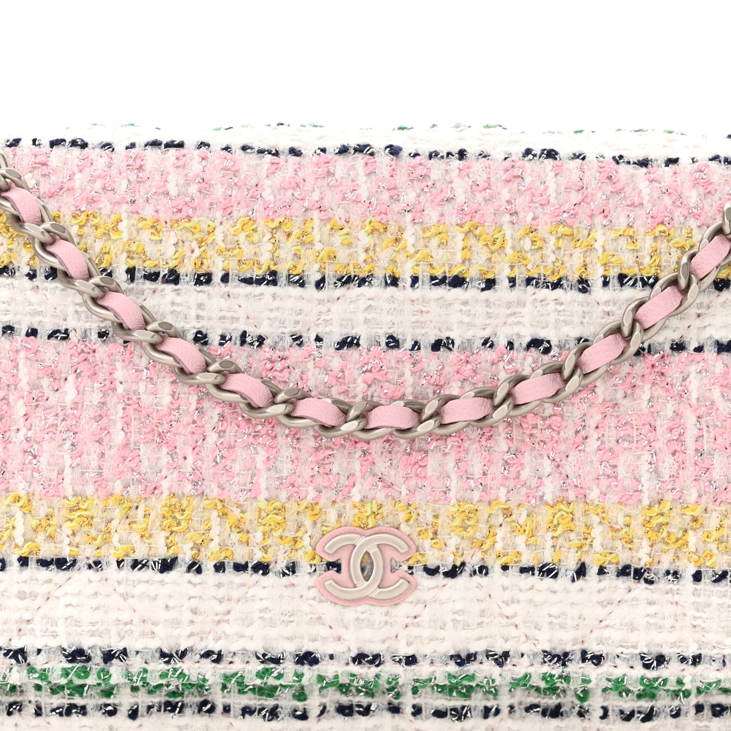 Metallic Tweed Quilted Wallet On Chain WOC White Multicolor