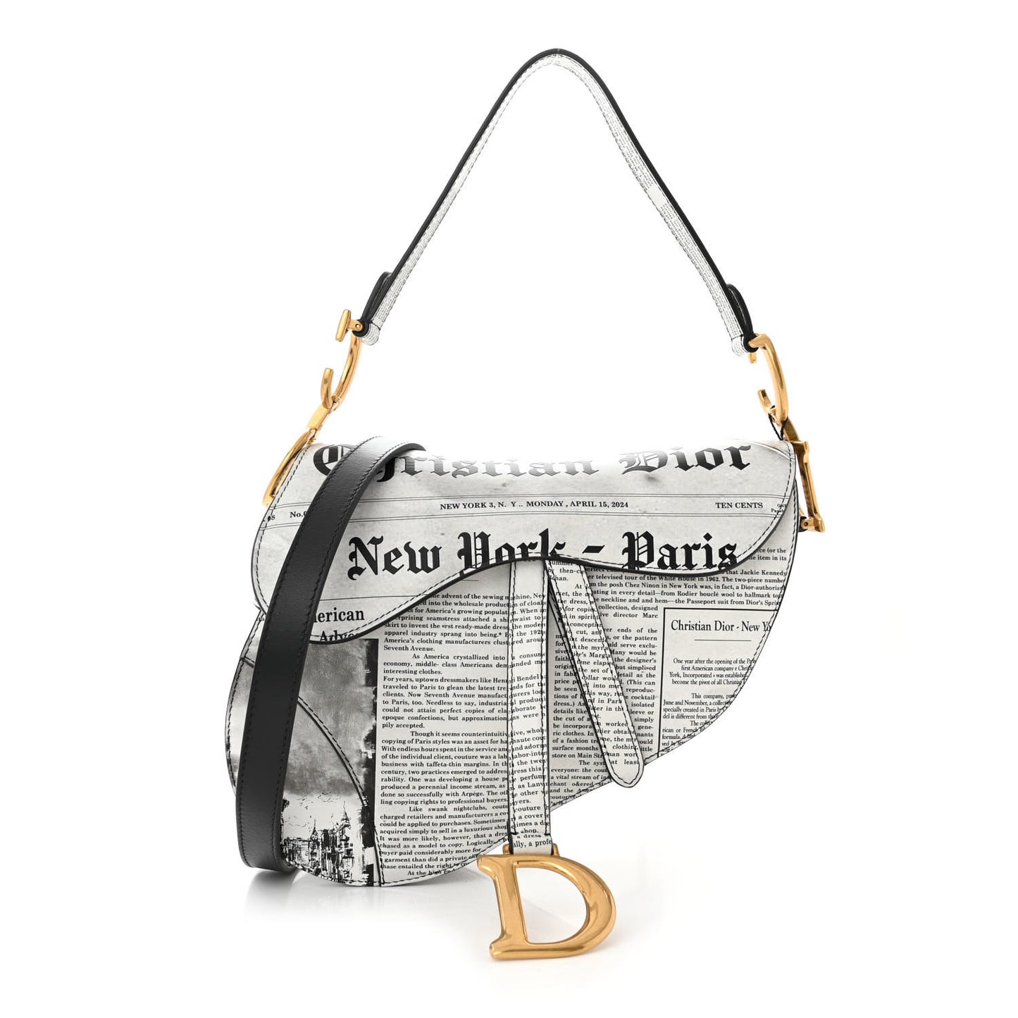Calfskin Newspaper Printed Saddle Bag With Strap Black White
