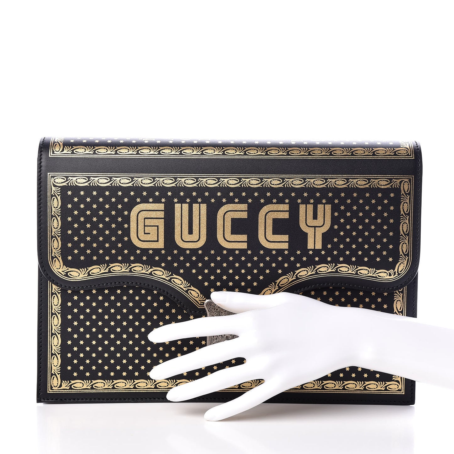 X SEGA Calfskin GUCCY Stars Portfolio Bag Black Gold
