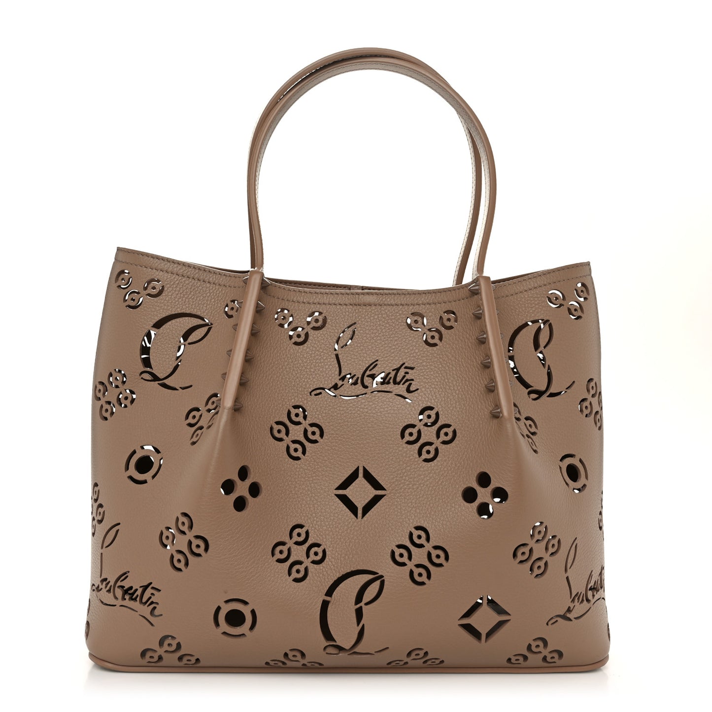 Calfskin Perforated Loubinthesky Small Cabarock Spikes Tote Beige