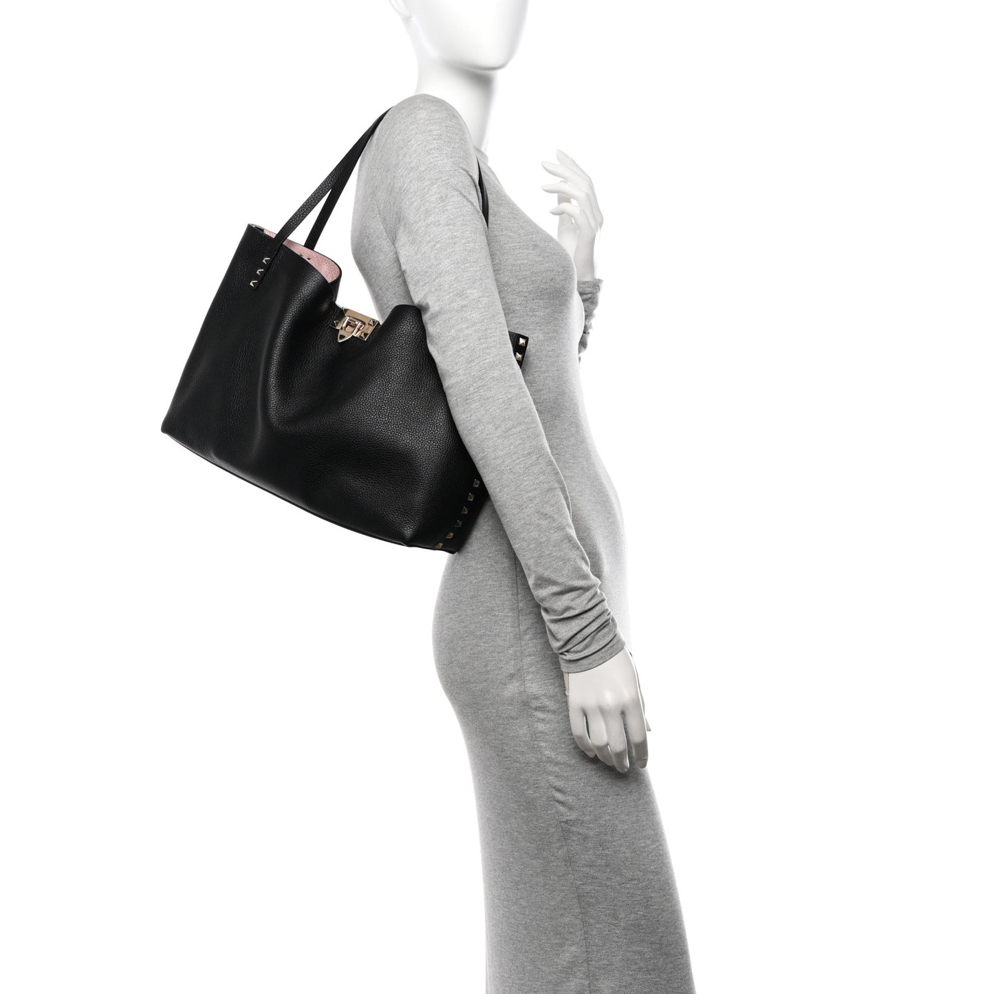 Grainy Calfskin Medium Rockstud Tote Black Rose Quartz