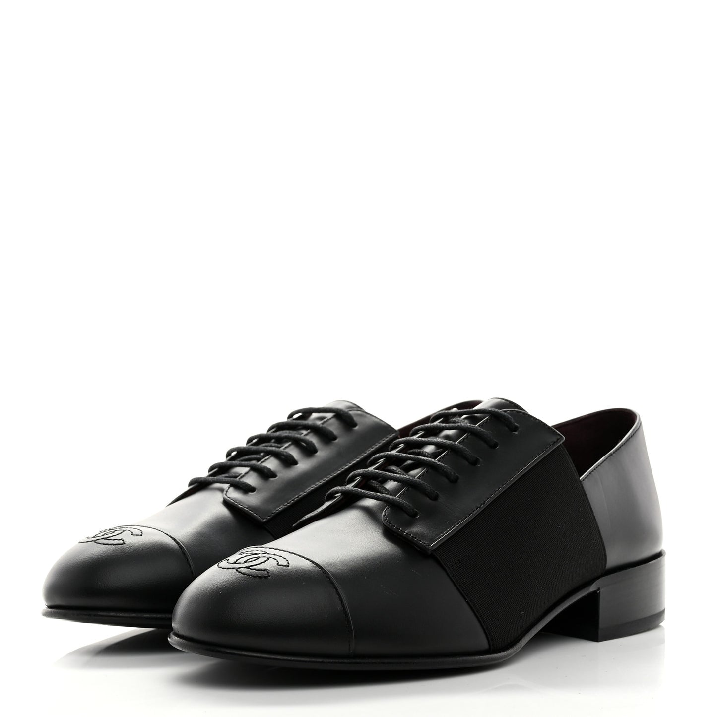 Calfskin Elastic Lace Up Cap Toe CC Loafers 36 Black