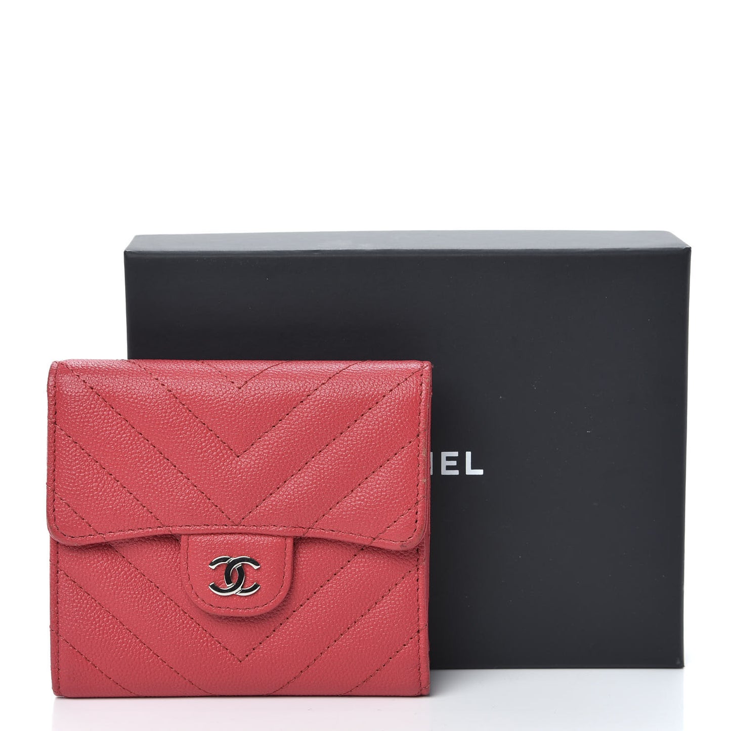 Caviar Chevron Quilted Compact Flap Wallet Red