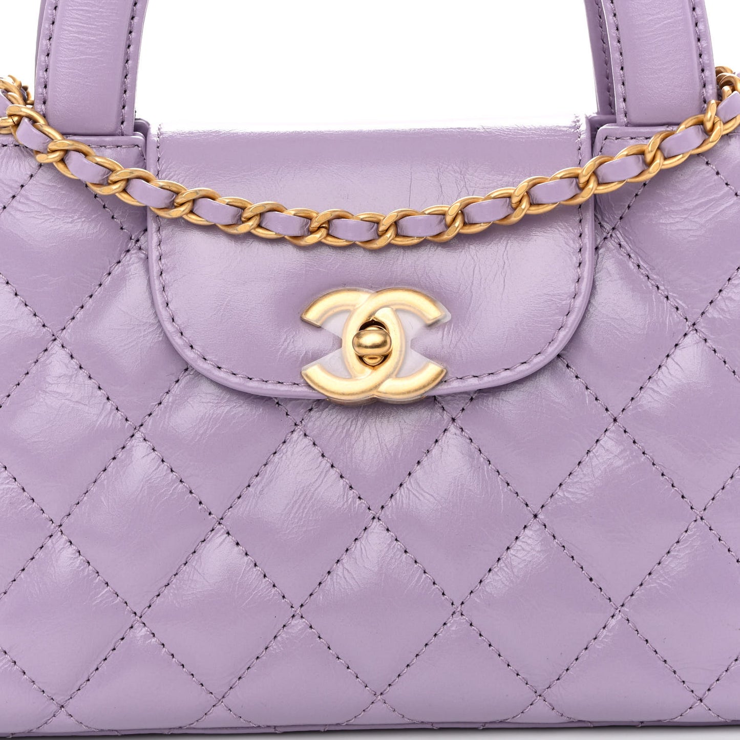 Shiny Aged Calfskin Quilted Nano Kelly Shopper Lilac