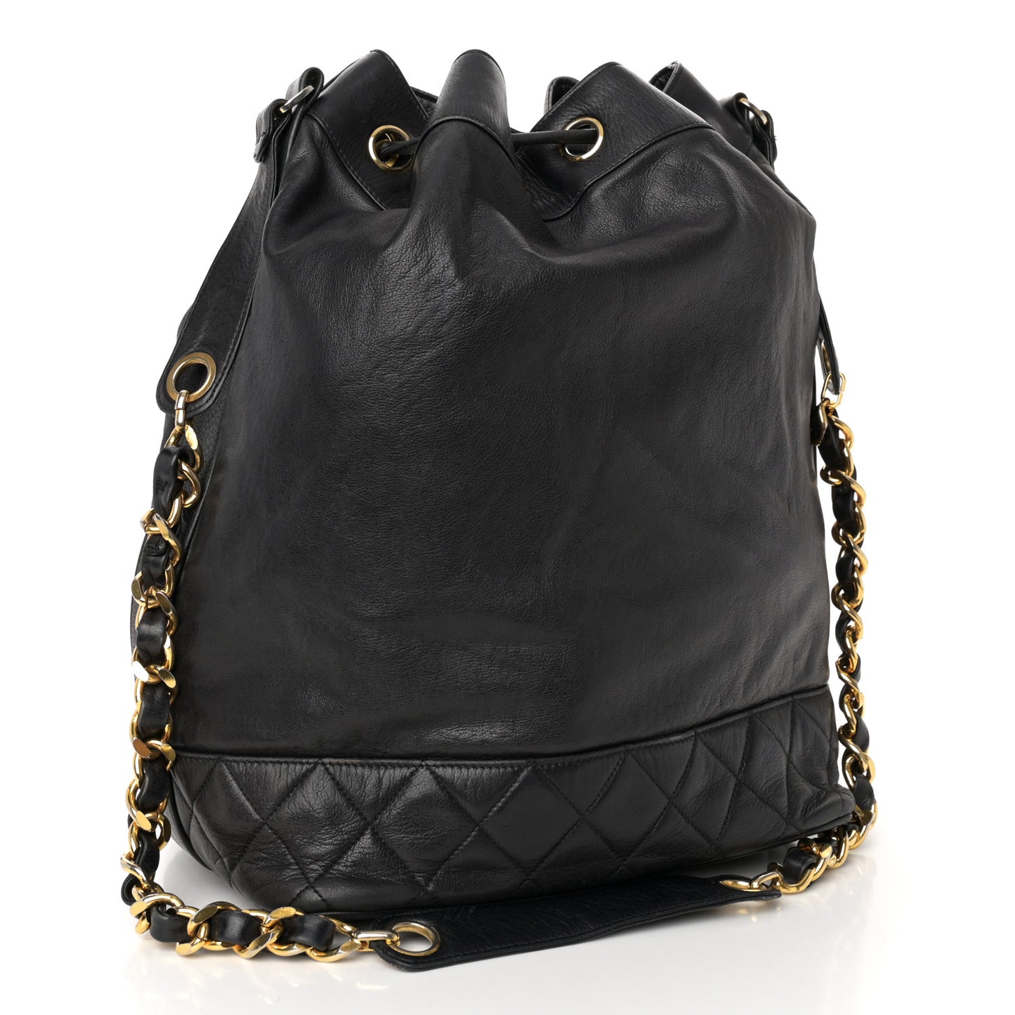 Lambskin Quilted Drawstring Bucket Bag Black