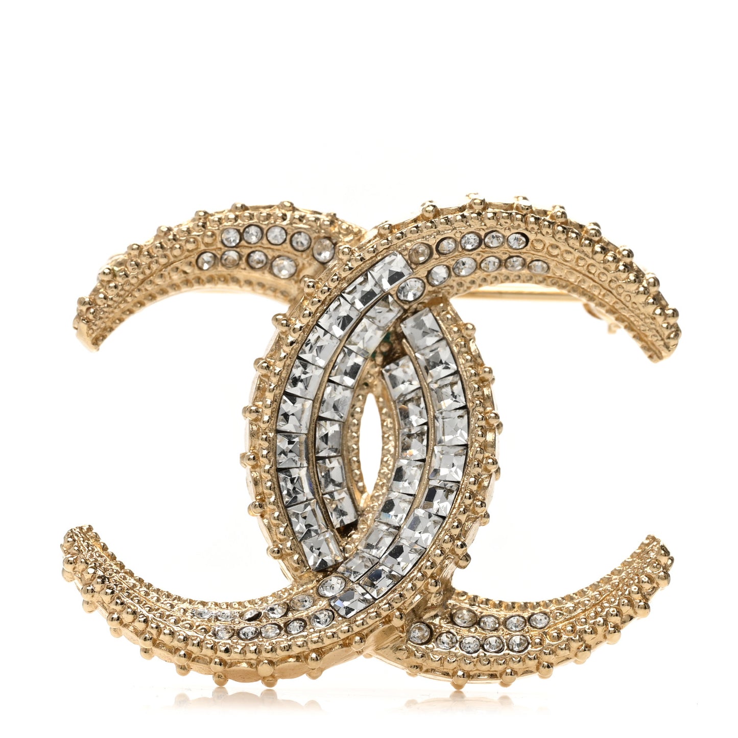 Metal Crystal Baguette CC Brooch Gold