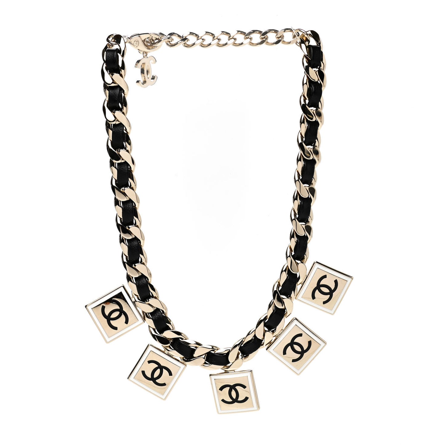 Metal Lambskin CC Square Charms Choker Gold Black White