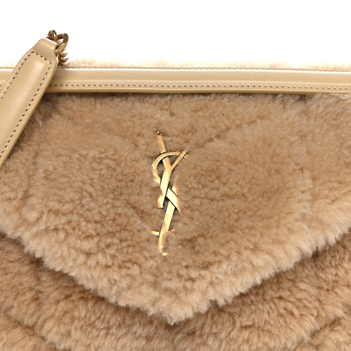 Merino Shearling Lambskin Quilted Small Loulou Puffer Monogram Chain Satchel Natural Beige