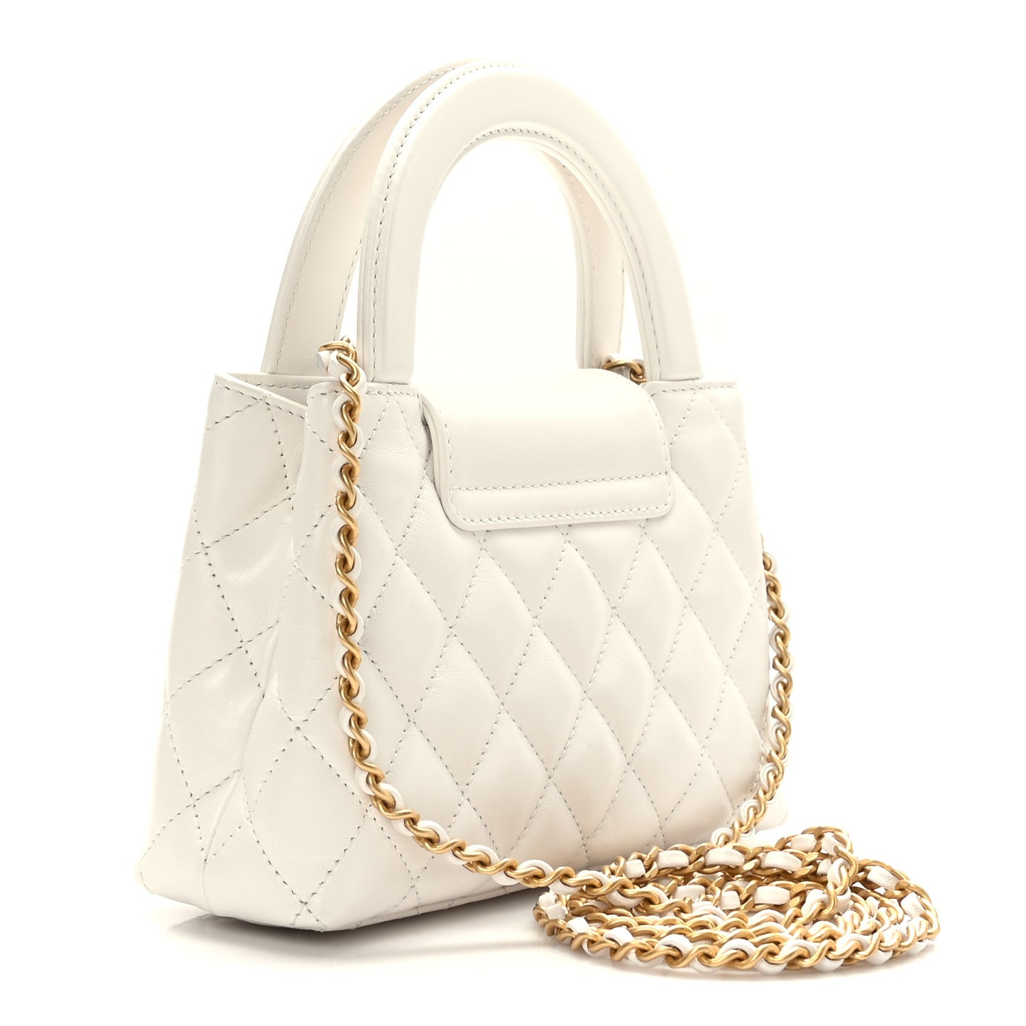 Shiny Aged Calfskin Quilted Nano Kelly Shopper White