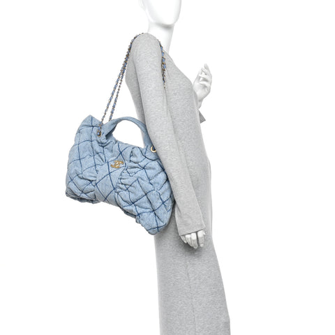 Washed Denim Quilted Maxi Bow Bag Blue