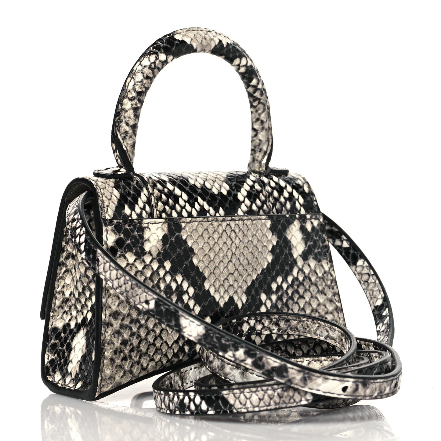 Shiny Calfskin Python Effect Hourglass Top Handle Bag Mini Black White
