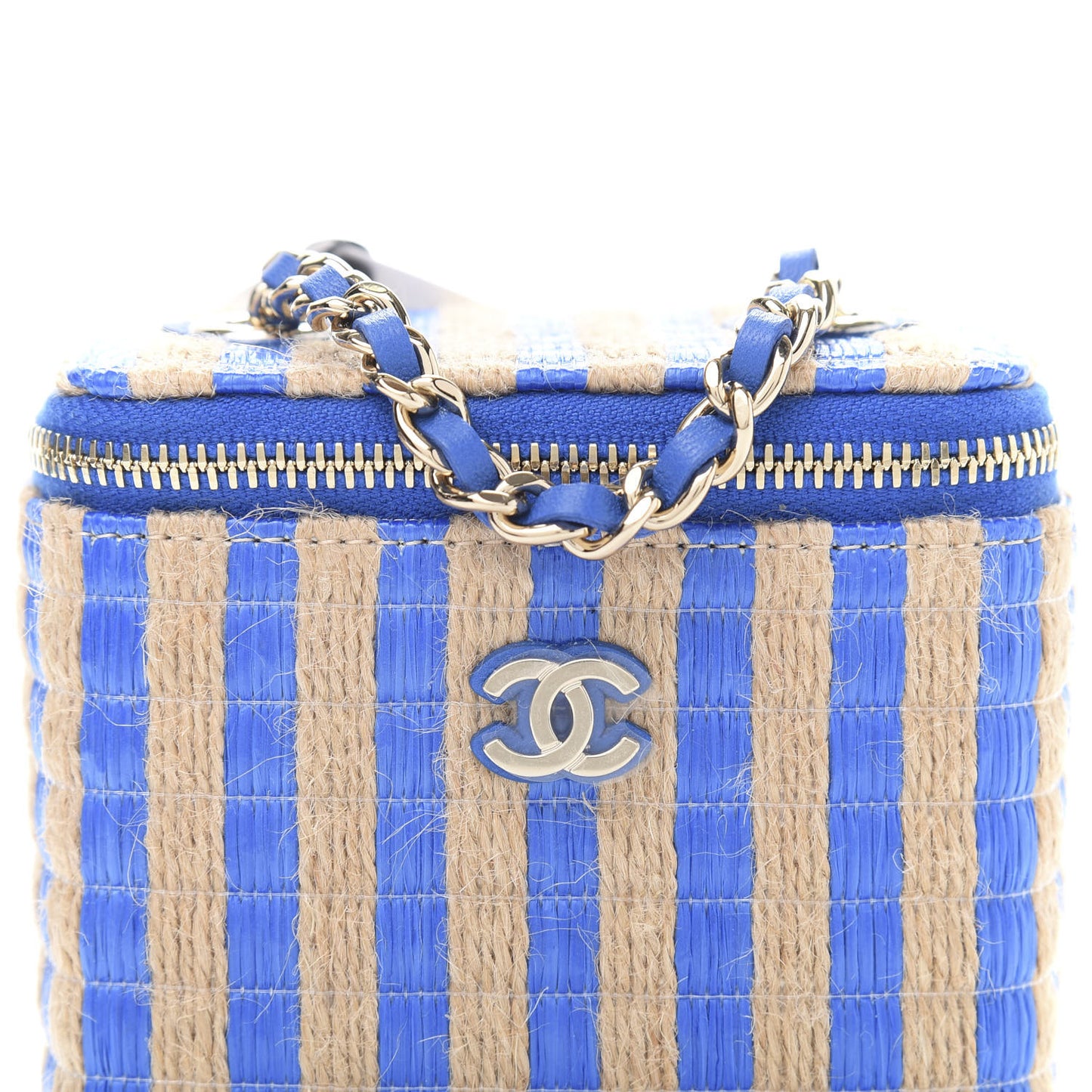 Raffia Jute Striped Mini Vanity Case With Chain Blue Beige