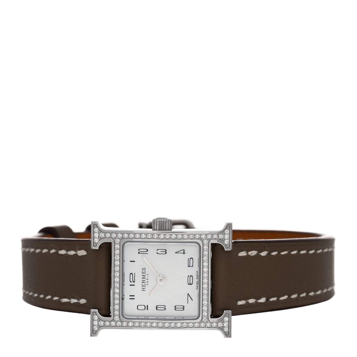 Hermes Stainless Steel Swift Diamond Bezel Mother of Pearl 17.2mm Heure H Hour Quartz Watch Etoupe 2 of 5
