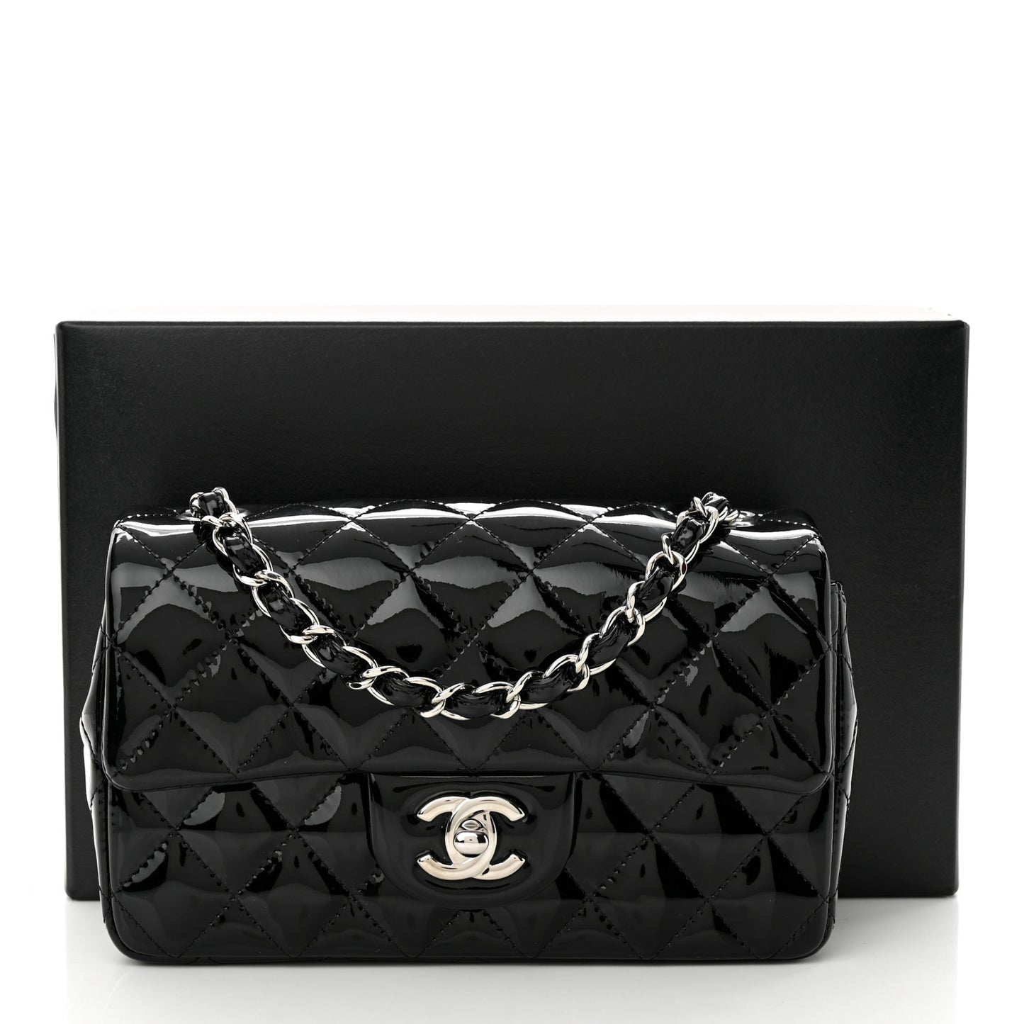 Patent Calfskin Quilted Mini Rectangular Flap Black