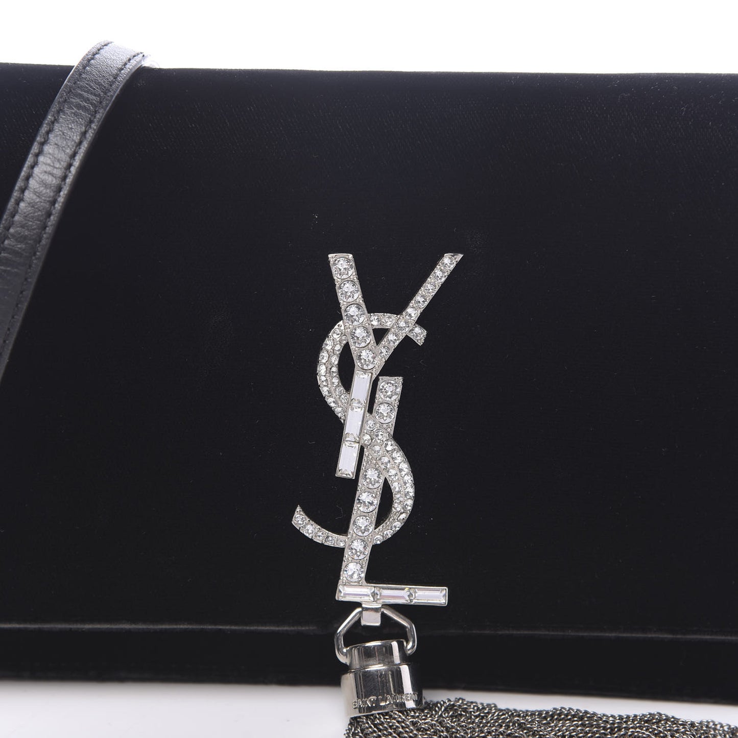 Velvet Crystal Monogram Tassel Chain Wallet Black