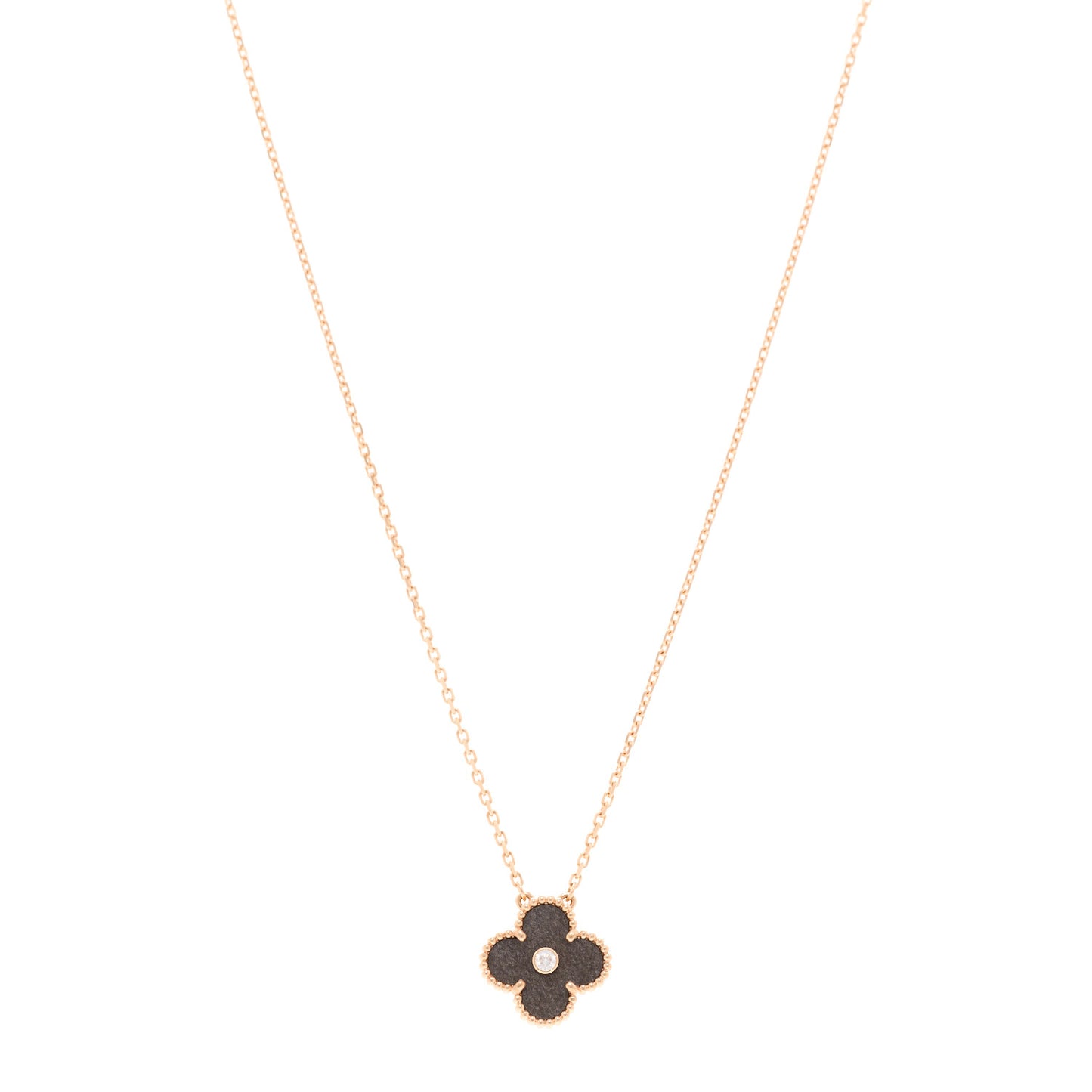 18K Rose Gold Diamond Silver Obsidian Vintage Alhambra Pendant Necklace