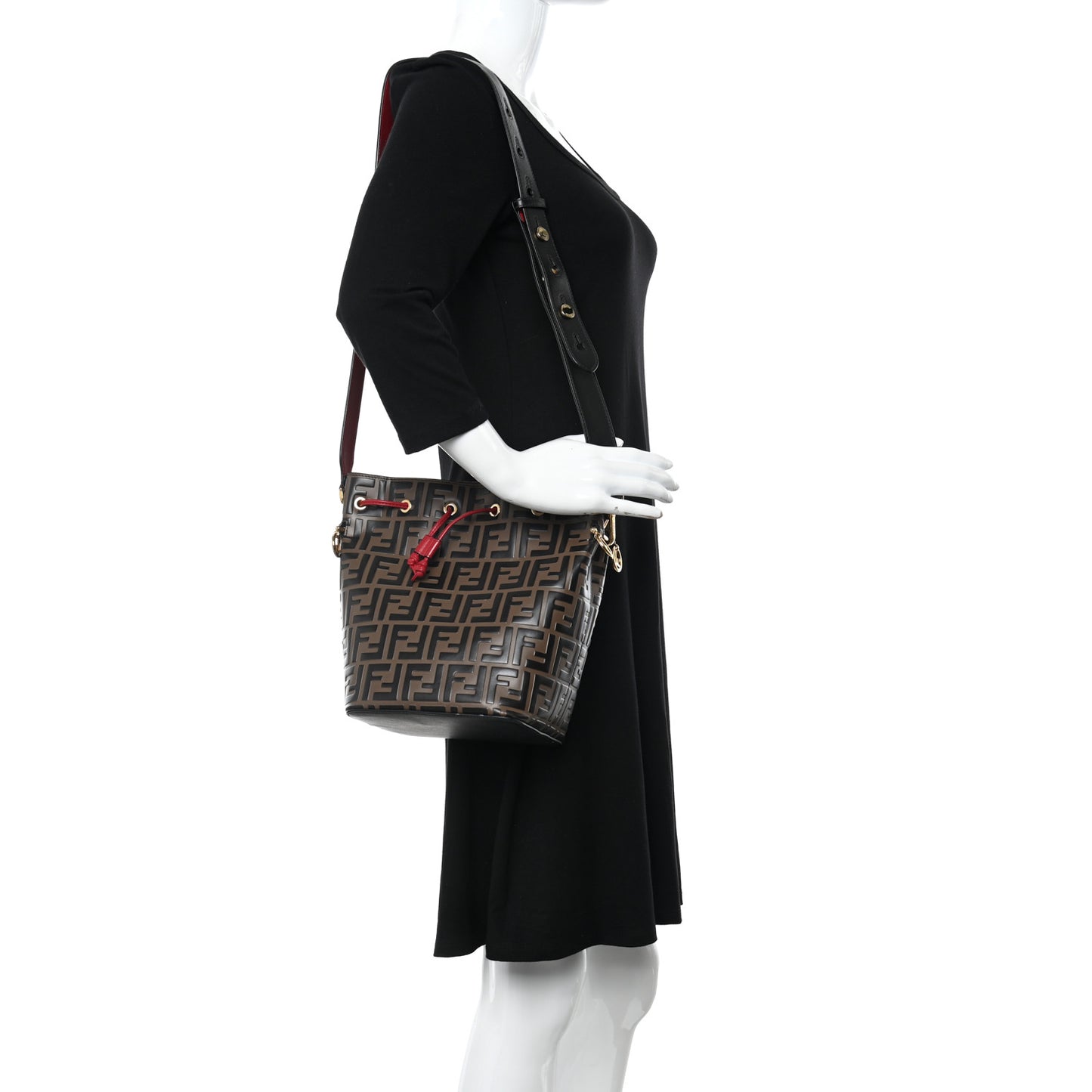 Vitello Grace F is Fendi Bi-Color FF 1974 Embossed Grande Mon Tresor Bucket Bag Maya Black Fragola