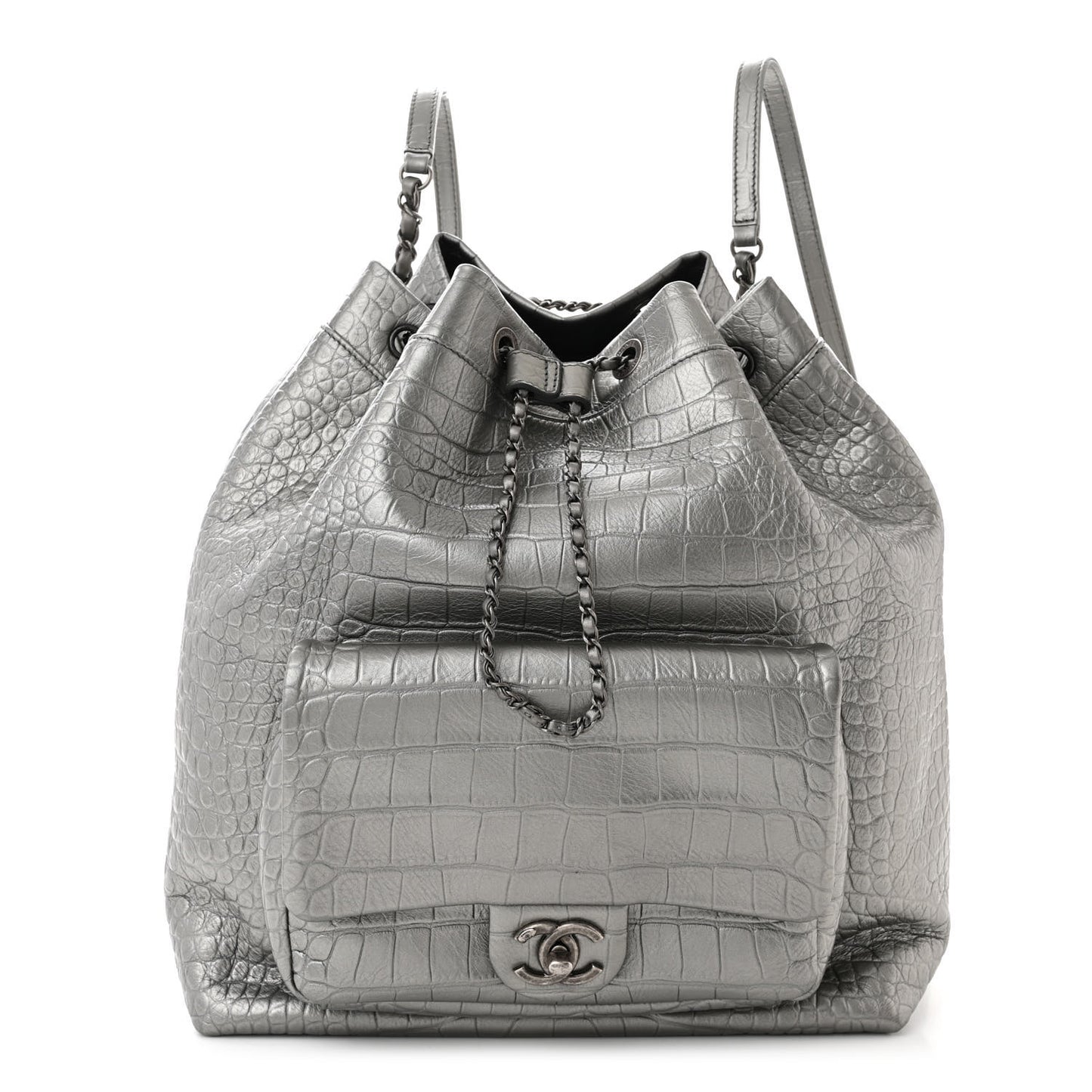 Metallic Calfskin Crocodile Embossed Large Backpack Silver