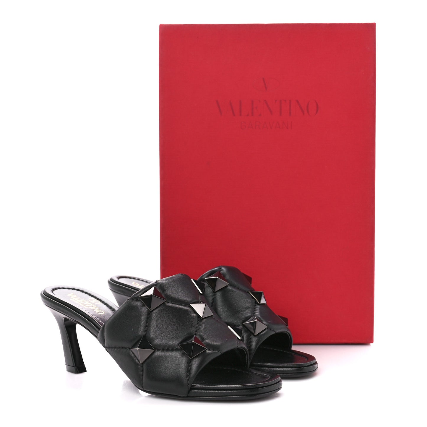 Nappa Quilted Monochrome Roman Stud 65mm Slide Sandals 35 Black