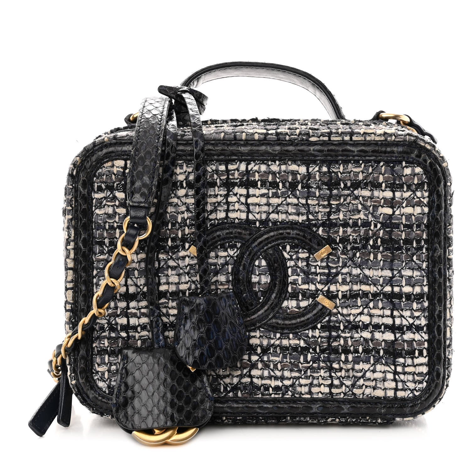 Chanel Tweed Snakeskin Quilted Medium CC Filigree Vanity Case Dark Navy 1 of 10