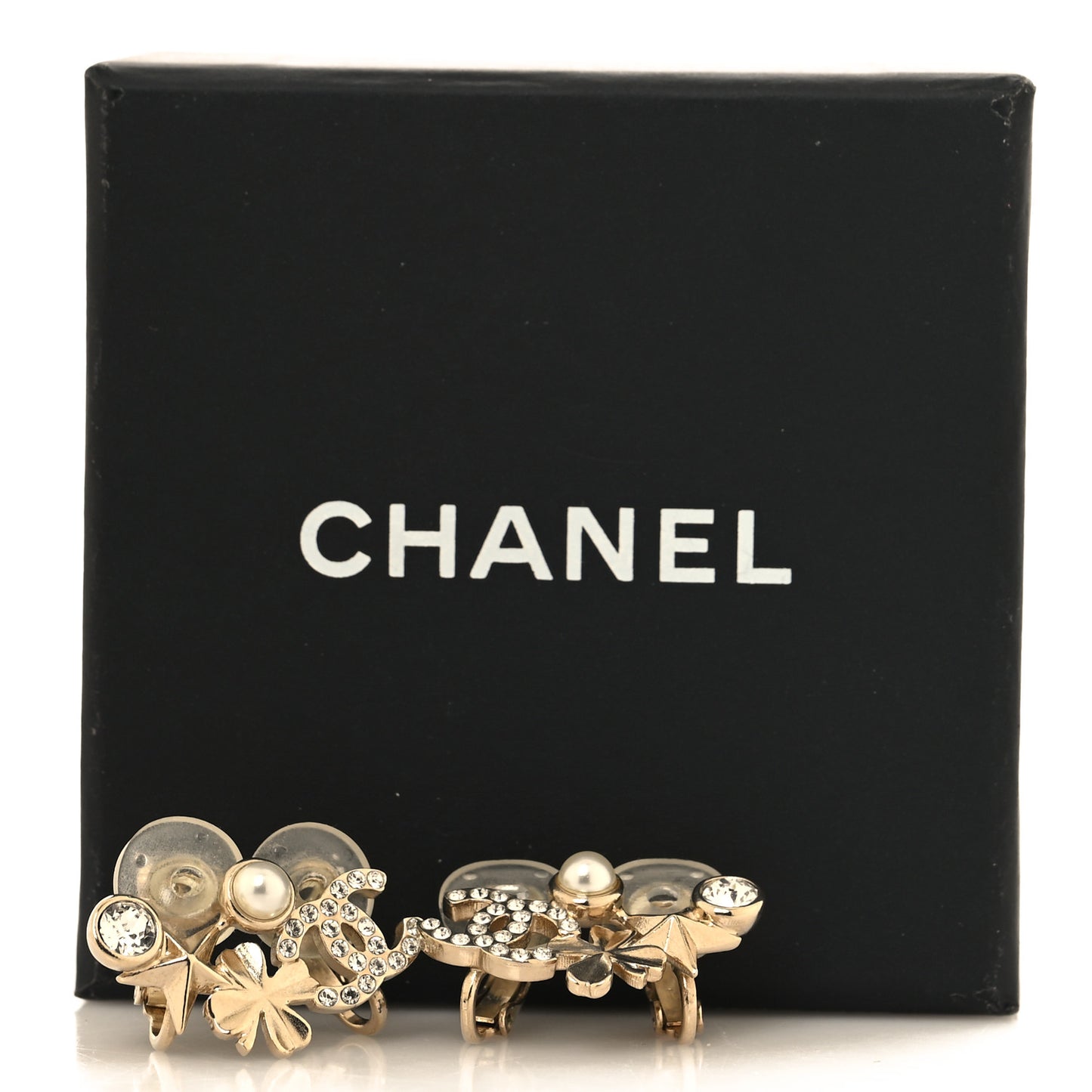 Crystal Pearl CC Star Clover Clip On Earrings Gold Pearly White