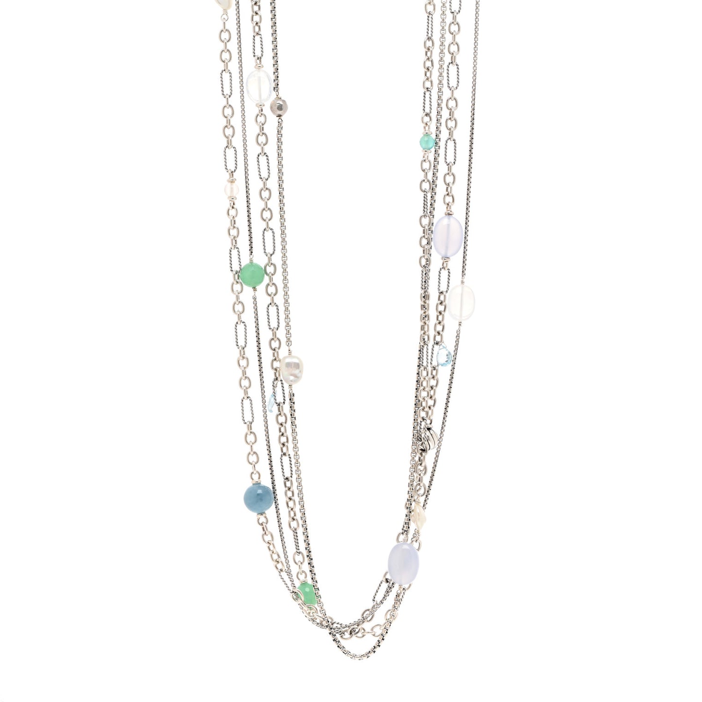 Sterling Silver Quartz Blue Topaz Freshwater Cultured Pearl Chalcedony Aquamarine Multi Strand Necklace