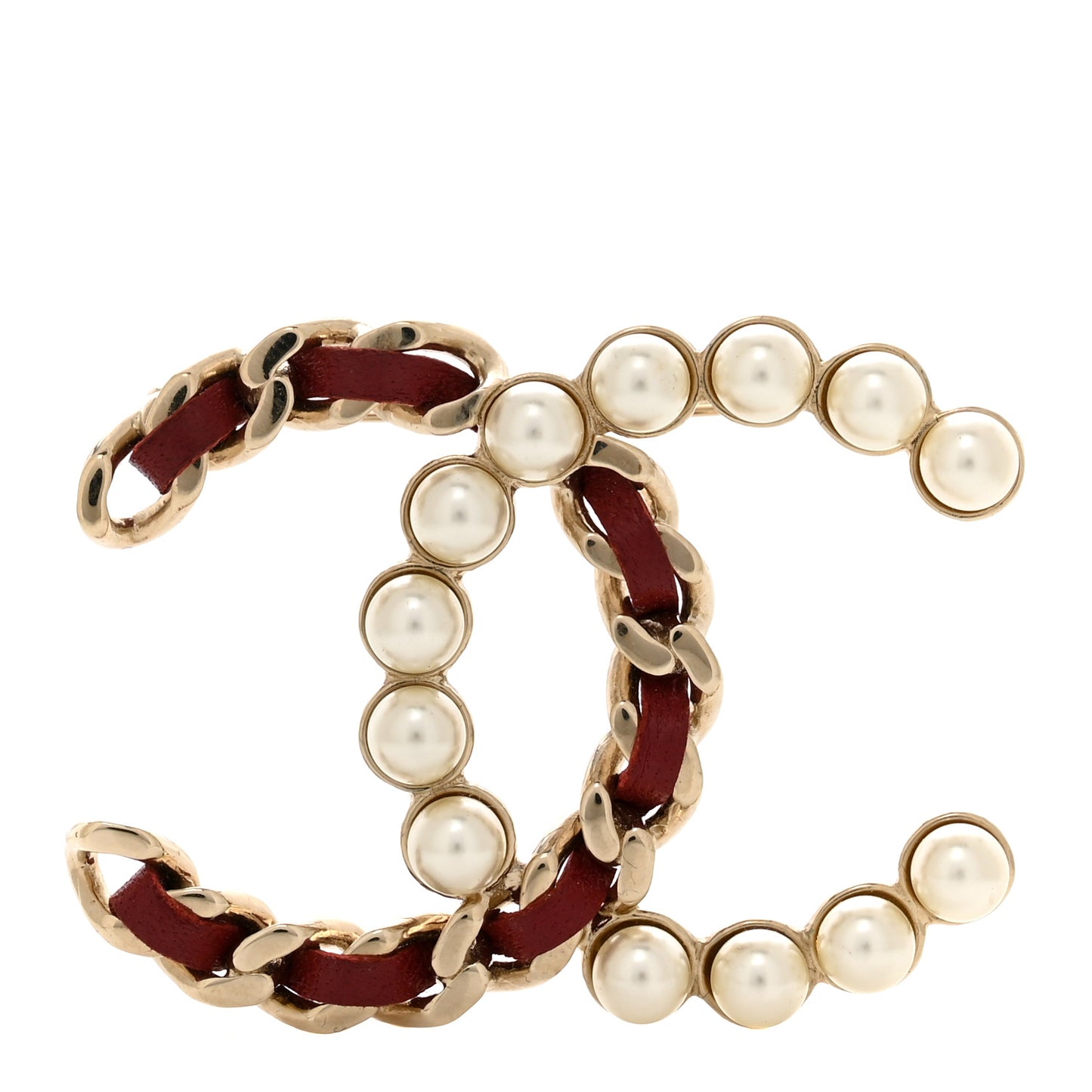 lambskin Pearl CC Chain Brooch Red Gold