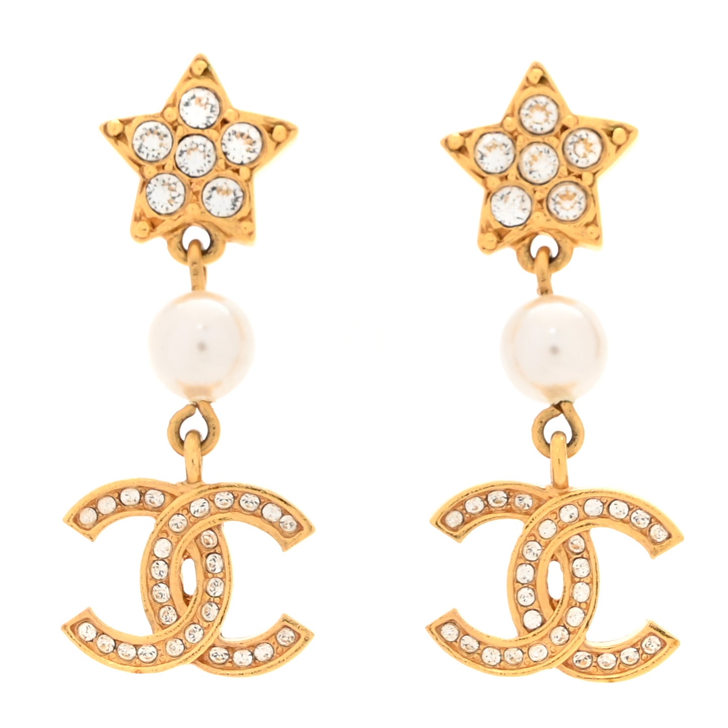 Metal Crystal Pearl CC Star Drop Earrings Gold Pearly White